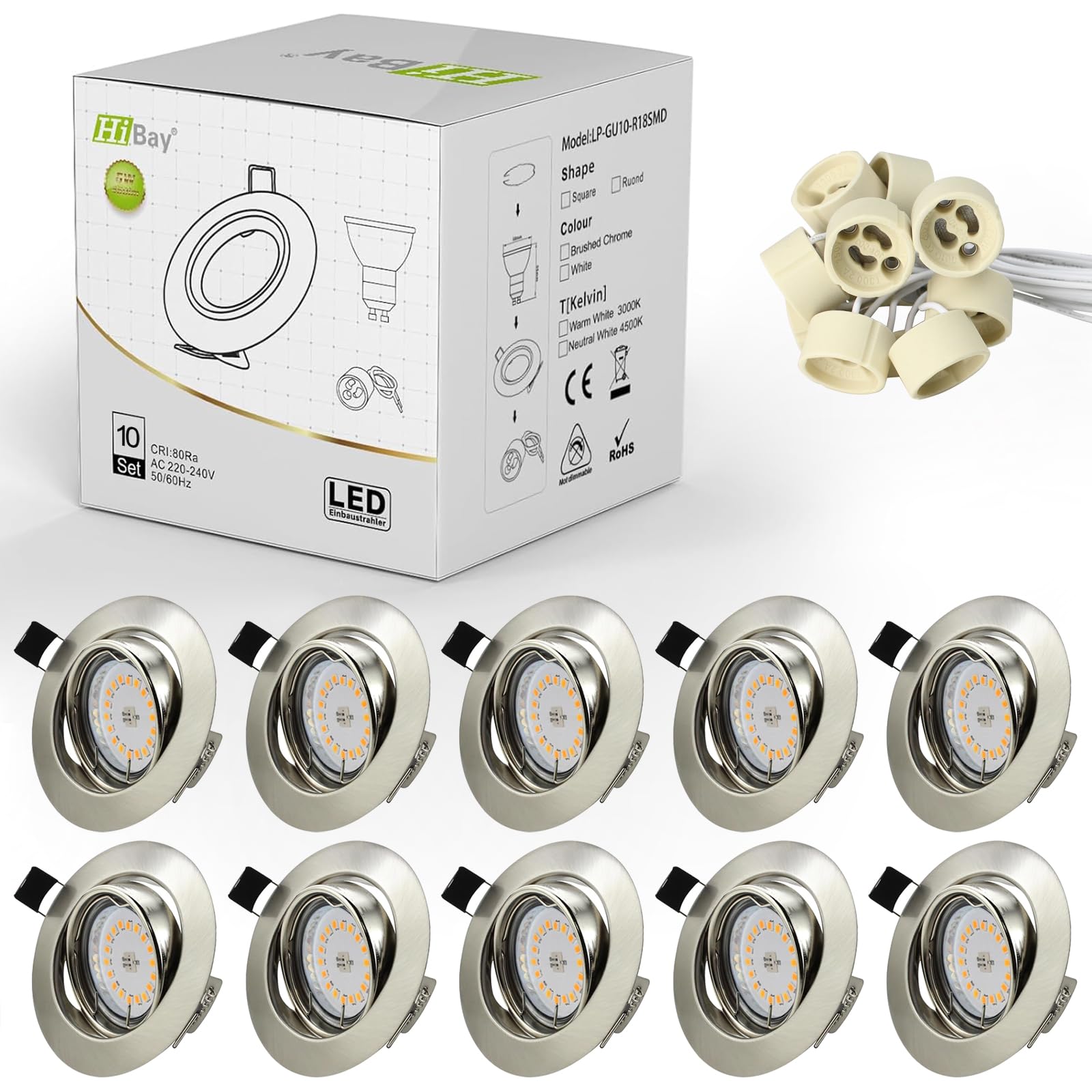 HiBay 10er LED Spot Set Einbaustrahler 230V GU10 Schwenkbar Einbauleuchte 68mm lochmaß Deckenspots Rund Einbauspot Inkl.5W Warmweiß Strahler