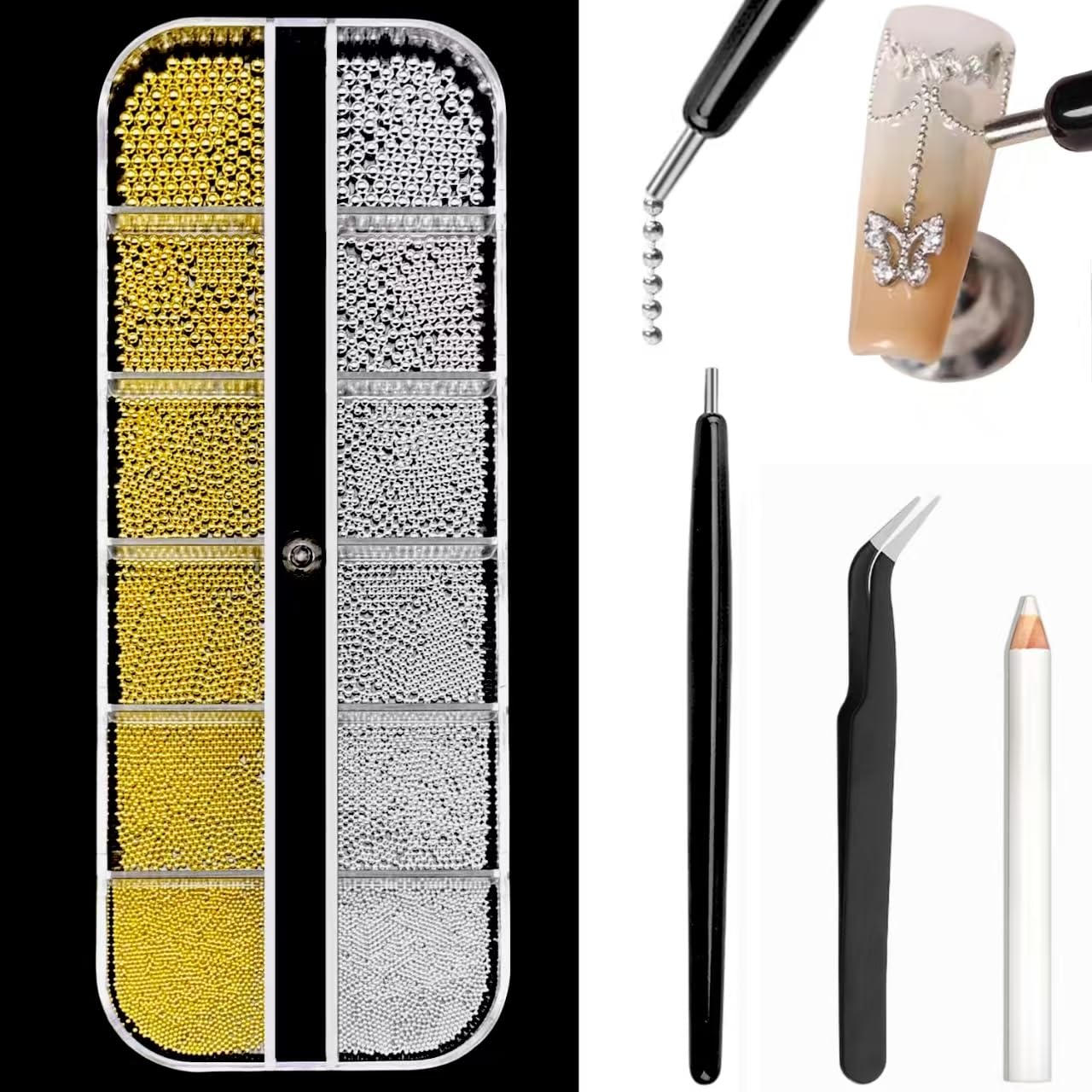 Mixed Sizes Nail Beads with Magnetic Pen and Tweezers, Nail Art Studs Gold Silver Mini Metal Caviar Nails Beads Ball Nail Rivets Jewelry, Round Caviar