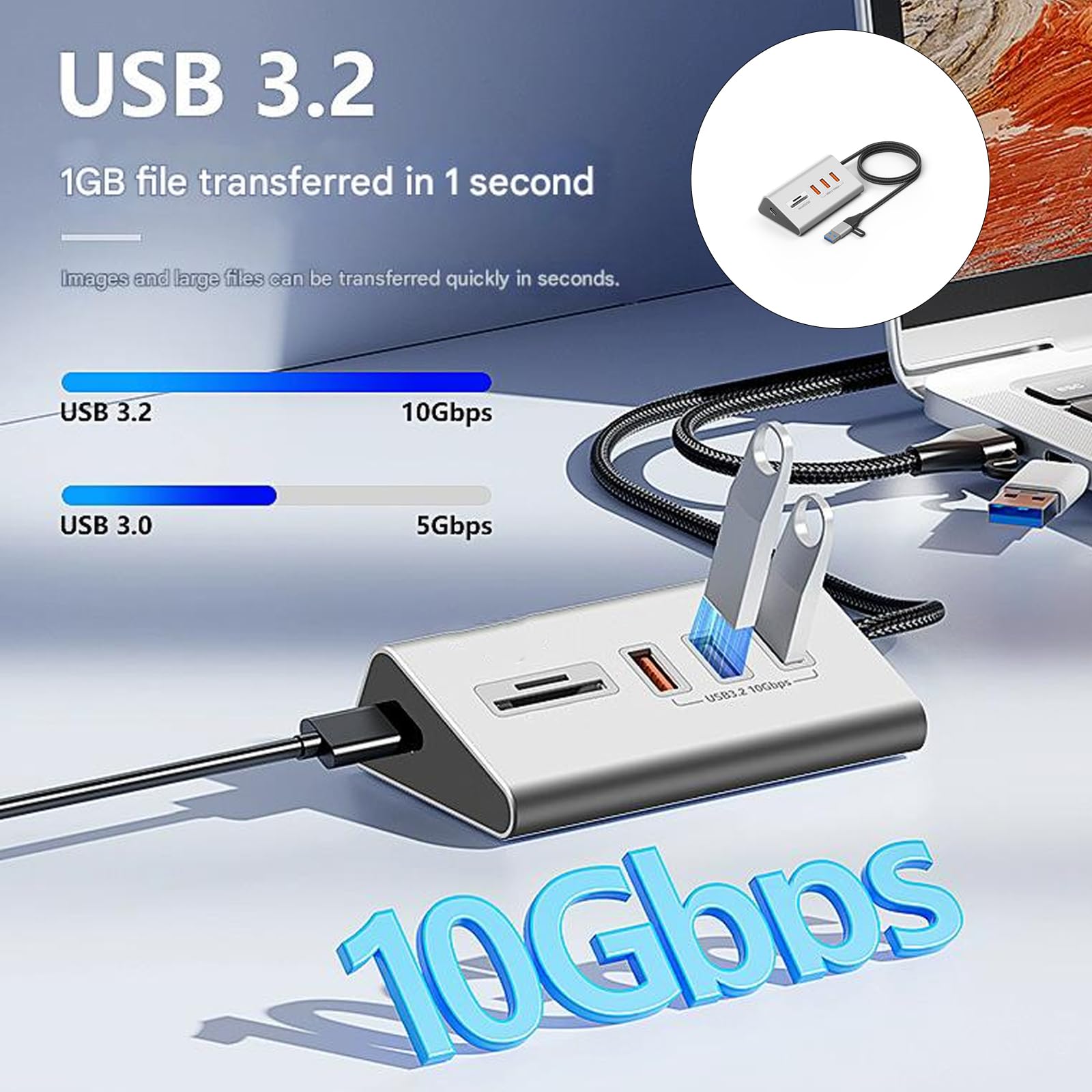Hub USB 3.2 di tipo C ad alta velocità 10Gbps Multiport Adapter Card Reader per laptop Design in lega di alluminio Mozzi USB C Multiport in alluminio