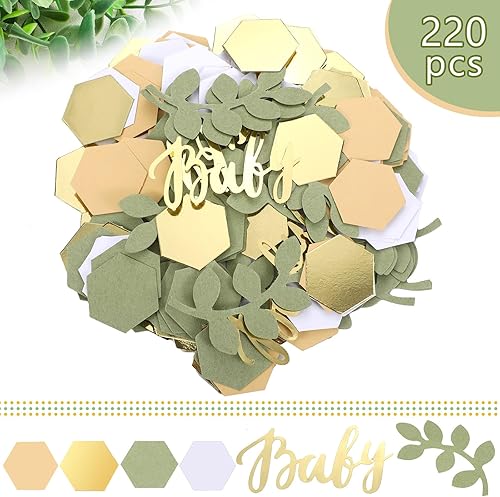 Miniatura 2 de 220 piezas de decoraciones de confeti para baby shower con mesa de papel de salvia de eucalipto, confeti en forma hexagonal, confeti dorado, blanco,