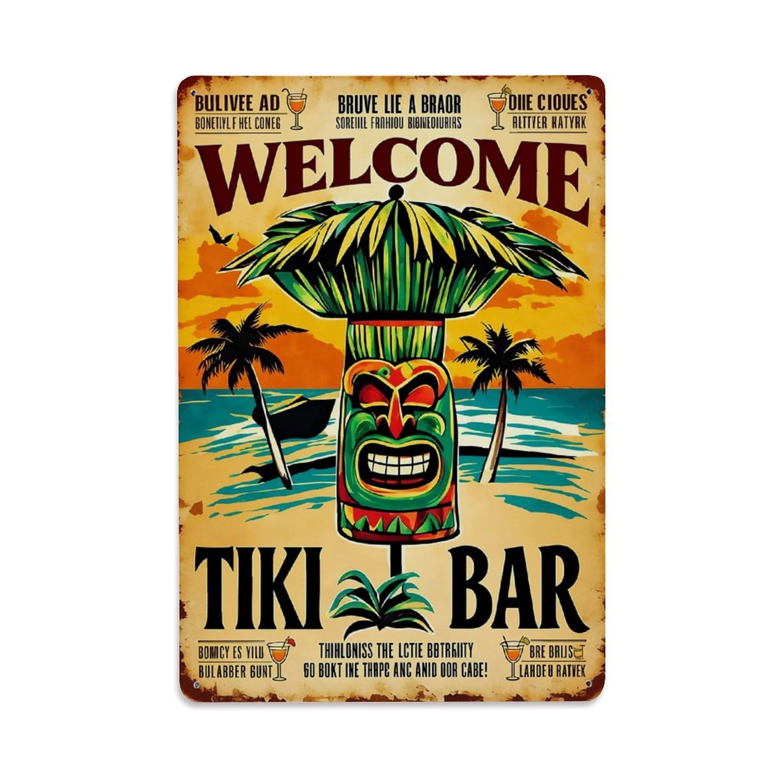 Nestemfo Vintage Tiki Bar Tropical Beach Scene Tin Sign Metal Sign, Living Room,Bar, Home, Bedroom Wall Decor,Retro Metal Poster 8X12 Inches