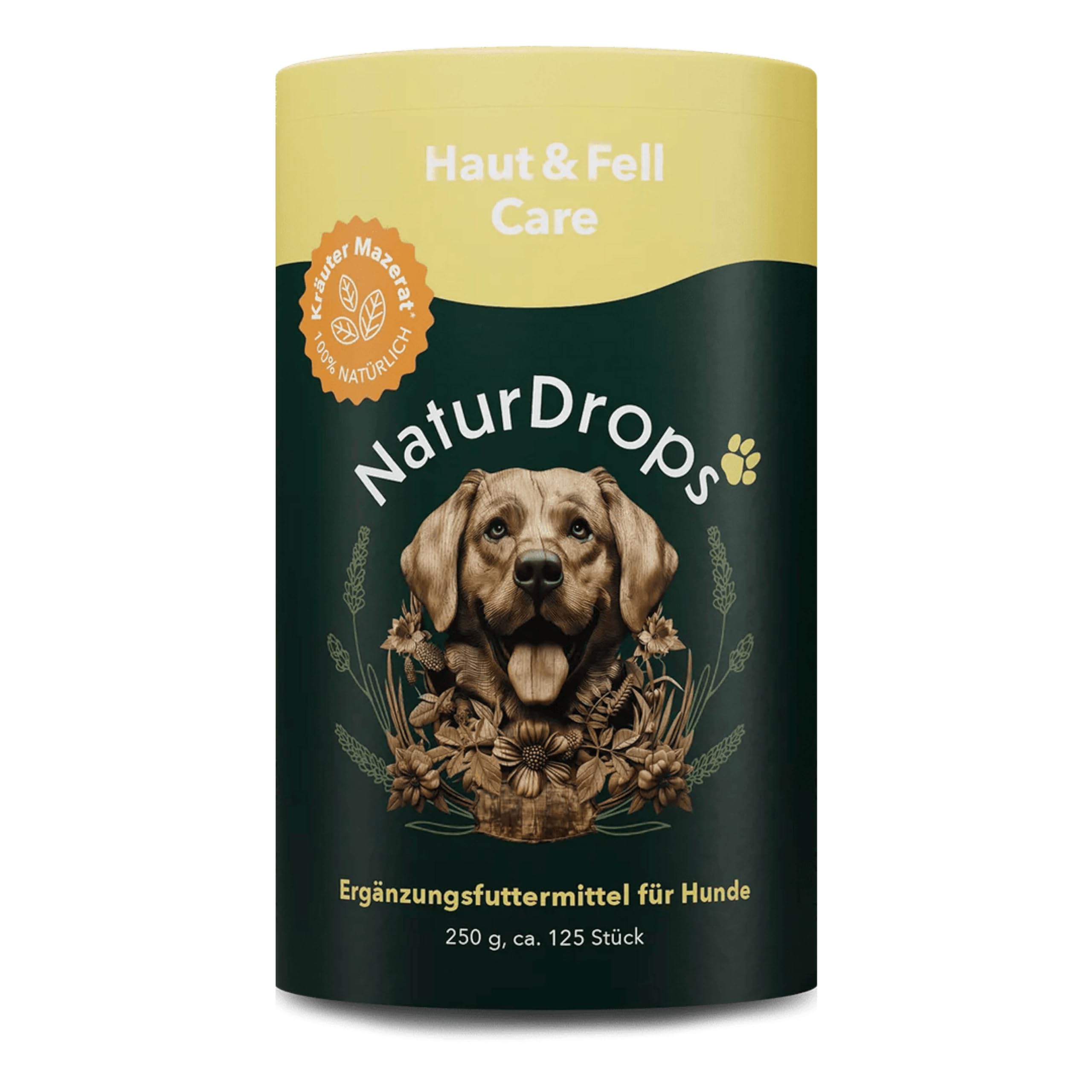 NaturDrops Haut & Fell Care Hundesnacks - 125 Stück, 250 g | Mit Biotin, Zink & fermentierten Kräutern für glänzendes Fell & Hautbalance - kalt extrudiert, 100 % natürlich