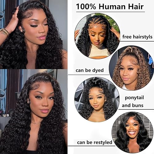 Miniatura 4 de Caijuxing Pelucas de cabello humano ondulado profundo con encaje frontal transparente HD de 13 x 4 de densidad 200, pelucas de cabello humano
