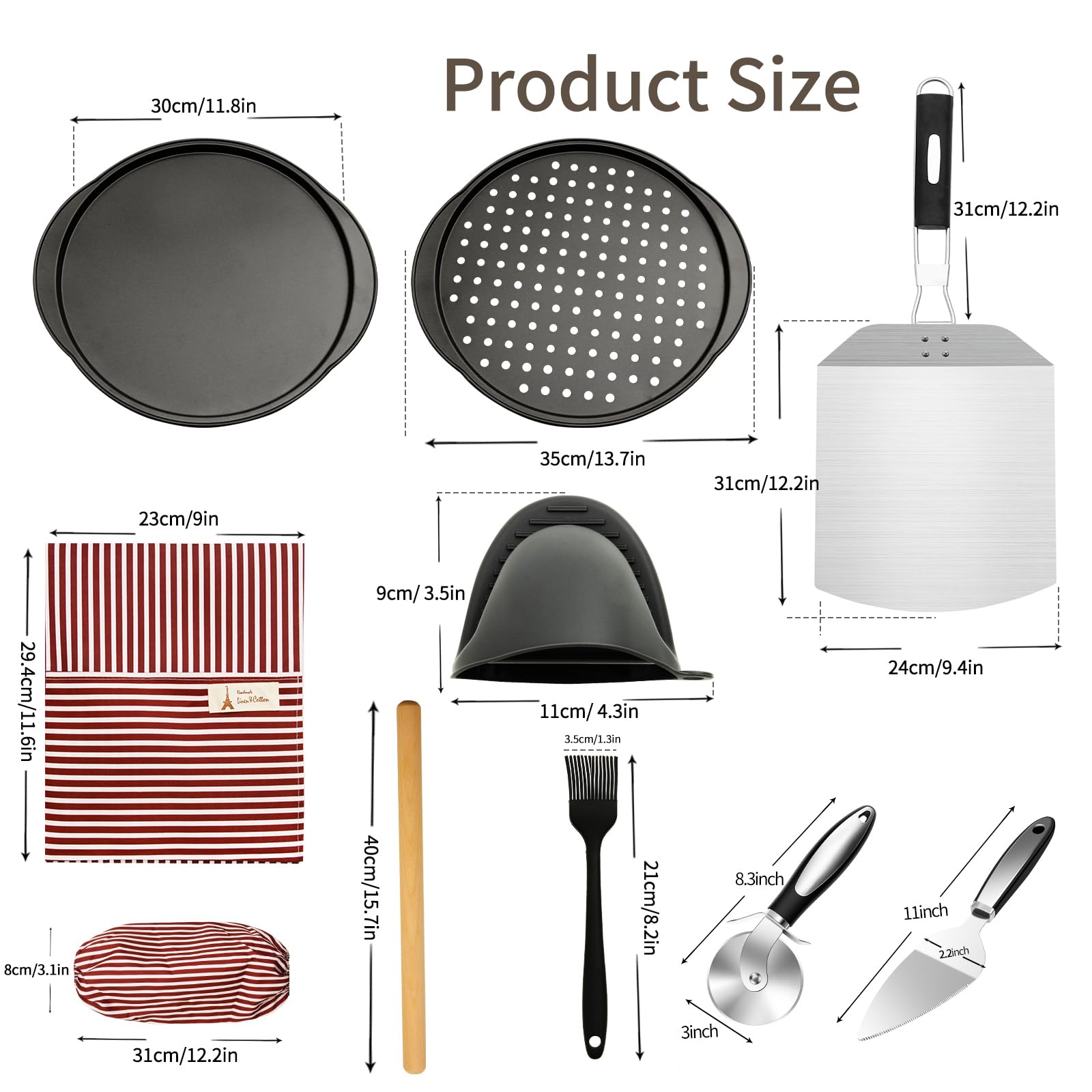 AOFUXTI Pizza Kit for Homemade Baking, 12in Perforated and Non-Perforated Pizza Pan Set with Stainless Steel Pizza Peel 12x9in, Dough Roller, Cutter, Apron, Baking Mat, Ideal for Oven Cooking at Home