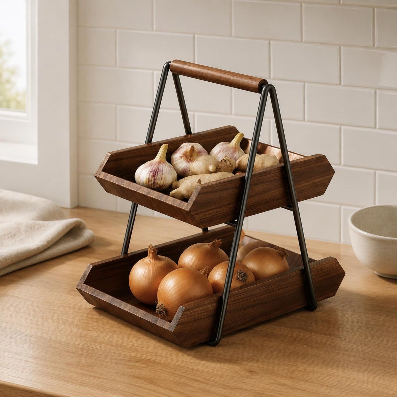 Küchen Aufbewahrungsregal Tischregal Gewürzregal Korbständer Zweistufig Holzoptik mit Griff Stabile Konstruktion aus Gummibaumholz Und Eisen für Lebensmittel Obst Gemüse, color to 4, Groß
