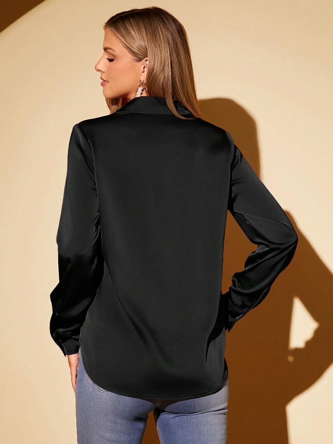 Women's Classic-Fit Shirt Color Acetate Satin Lapel Long Sleeve Blouse