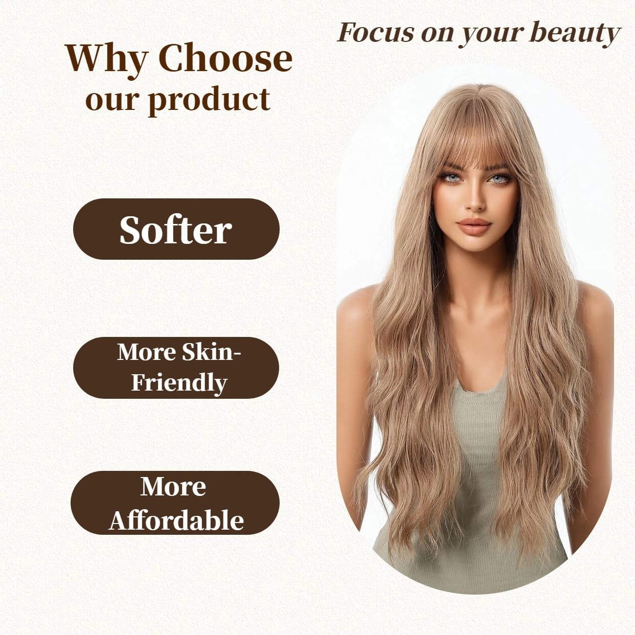 Long Wavy Wigs Human Hair with Bangs for Women Brown Blonde Highlight Layered Lightweight Breathable Glueless for Party Daily Use (Honey Brown,26 Inch)