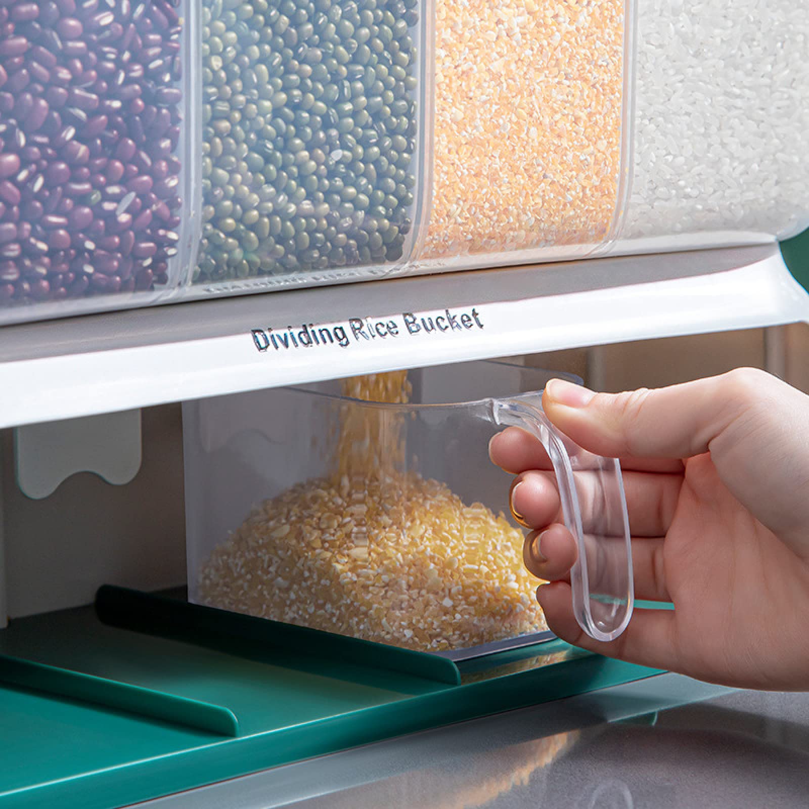 NIBHZ Dispenser per Riso con Tazza, Dispenser per Alimenti secchi a Parete con 5 Griglie Contenitore per Cereali Contenitore per Cereali, Contenitore per Riso, Dispenser,Orange