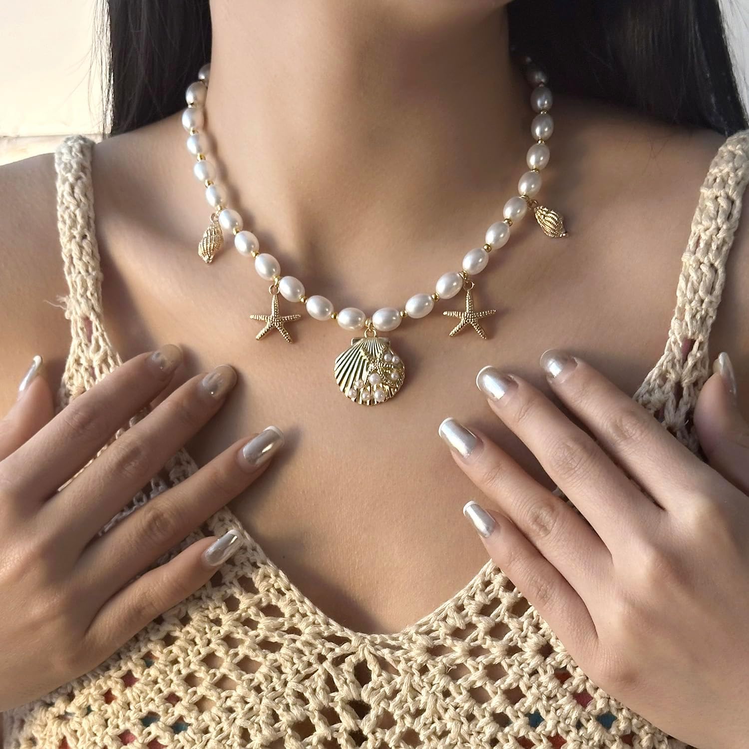 BELLA-Bee Gold Beach Necklaces for Women Trendy Adjustable Boho Seashell Starfish Choker Necklace Dainty Shell Pearl Charm Necklace Fashion Summer Vacation Jewelry - Image 3