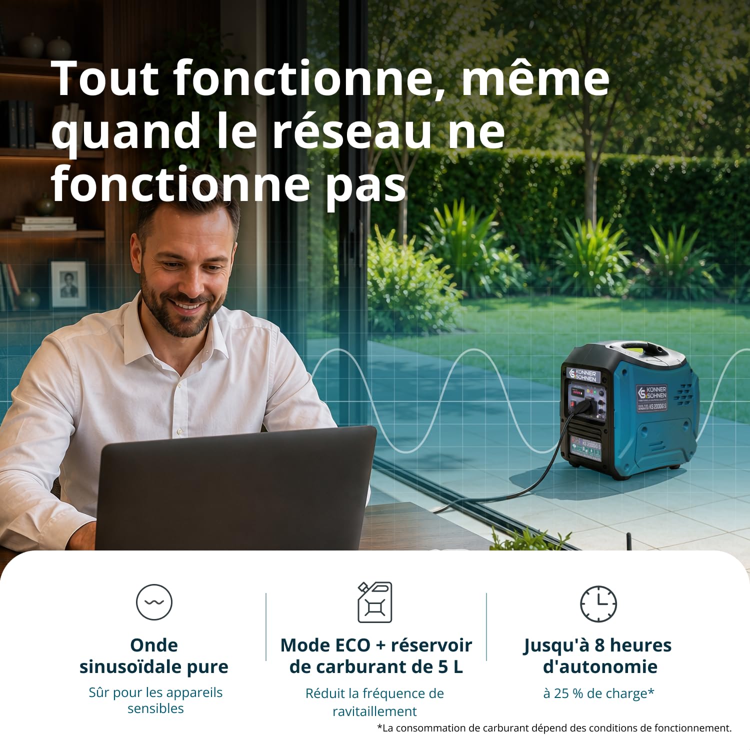 Générateur inverter à gaz/essence Könner & Söhnen KS 2000iG S, boîtier insonorisé, 2000 W, une prise 1x16A (230V), 2 ports USB, affichage LED, Economie mode, enroulement en cuivre, EURO V, onduleur