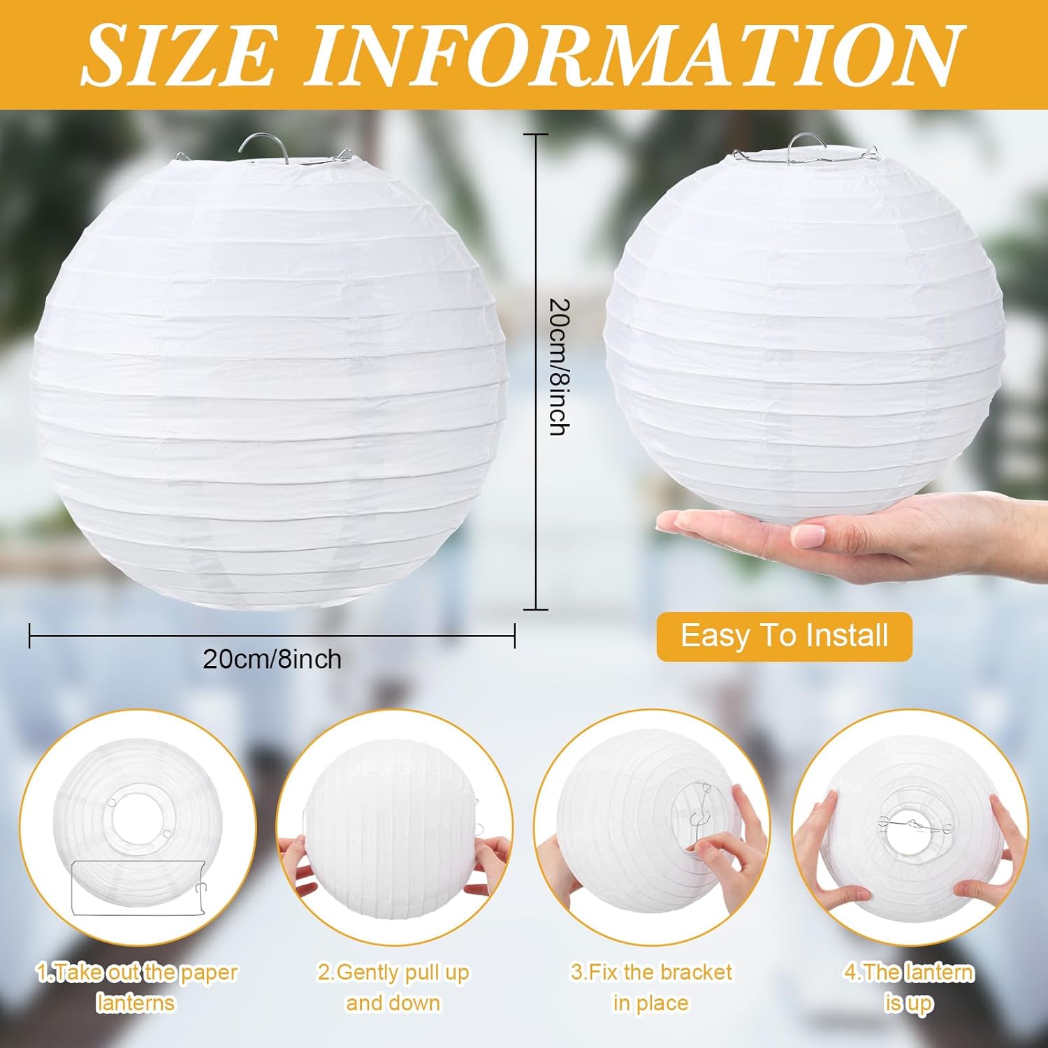 Treela 48 Pack White Chinese Japanese Paper Lanterns Decorative Hanging Ball Round Paper Lantern Lamps for Wedding Birthday Party Home Decorations (8 Inch)