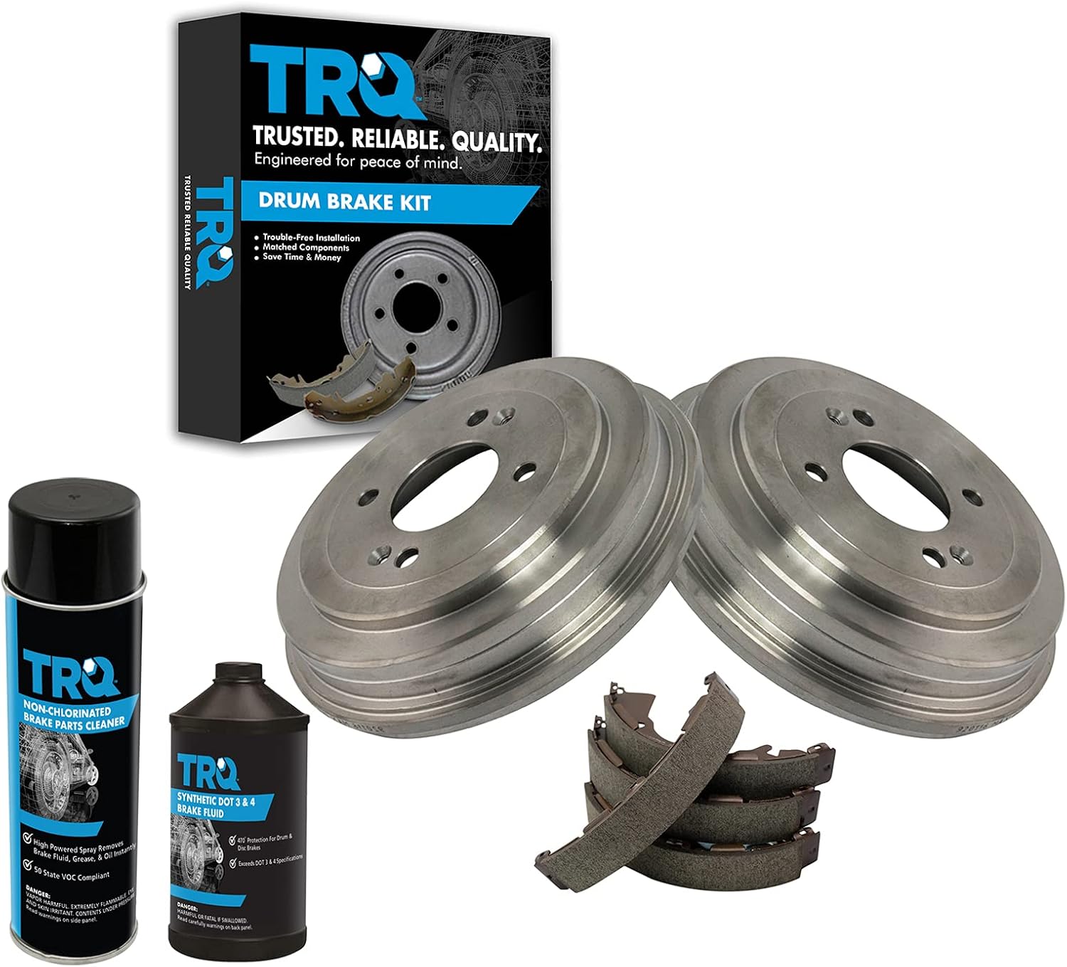 TRQ Rear Brake Shoe & Drum with Brake Fluid & Cleaner Kit Set Compatible with 2006-2011 Hyundai Accent / 2006-2011 Kia Rio / 2006-2011 Kia Rio5