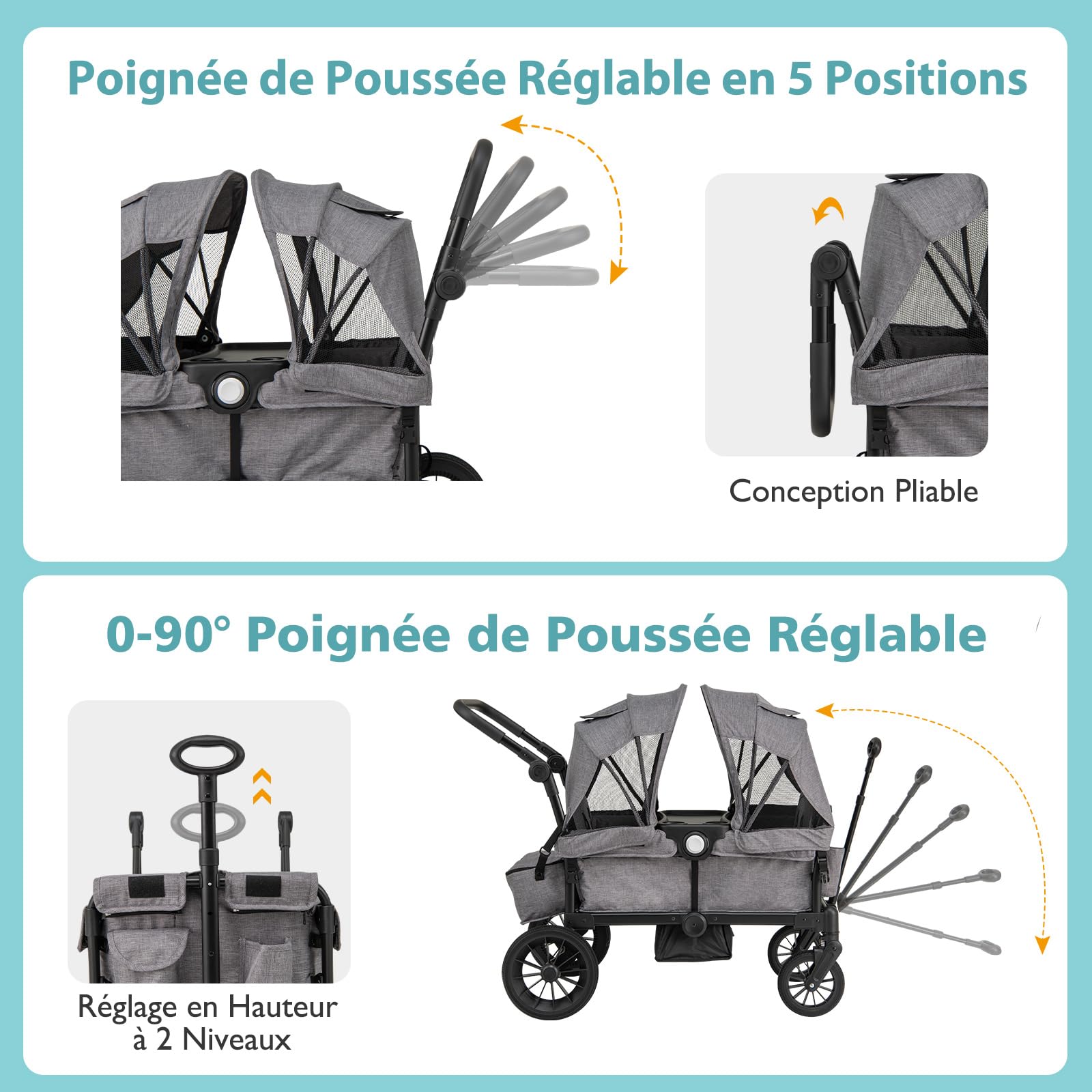 COSTWAY Poussette Tandem Double Pliable avec Auvent Amovible & Poignée Réglable, Chariot Enfant Transport avec Sac & Plateau-repas & Roue à Freins, Charge 25 kg Chacun pour 2 Bébés de 6 Mois+ (Gris)