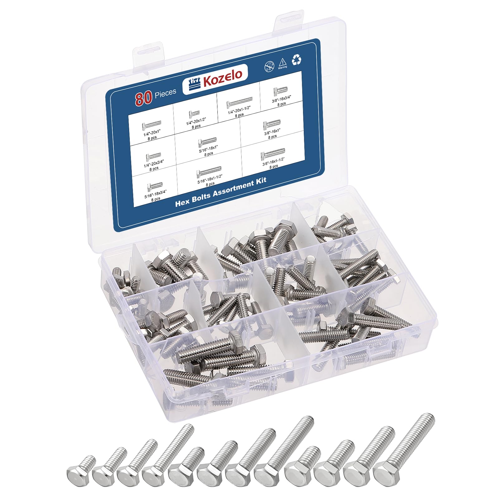 Kozelo 80 Pcs Hex Head Screws Bolts - [1/4",5/16",3/8"] 316 Stainless Steel, Fully Threaded Hex Tap Bolts Hexagon Head Screw Machine Bolt Right Hand External Hex Drive, Silver