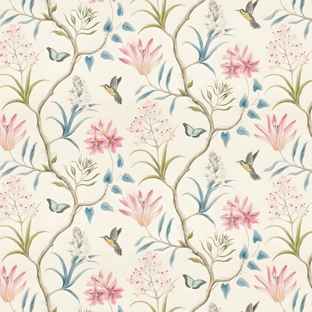 Vintage Floral Peel and Stick Wallpaper, Pink and Green Botanical, Self-Adhesive Removable, Thickened Material, for Home, Living Room, Bedroom, 17.3x118 Inches