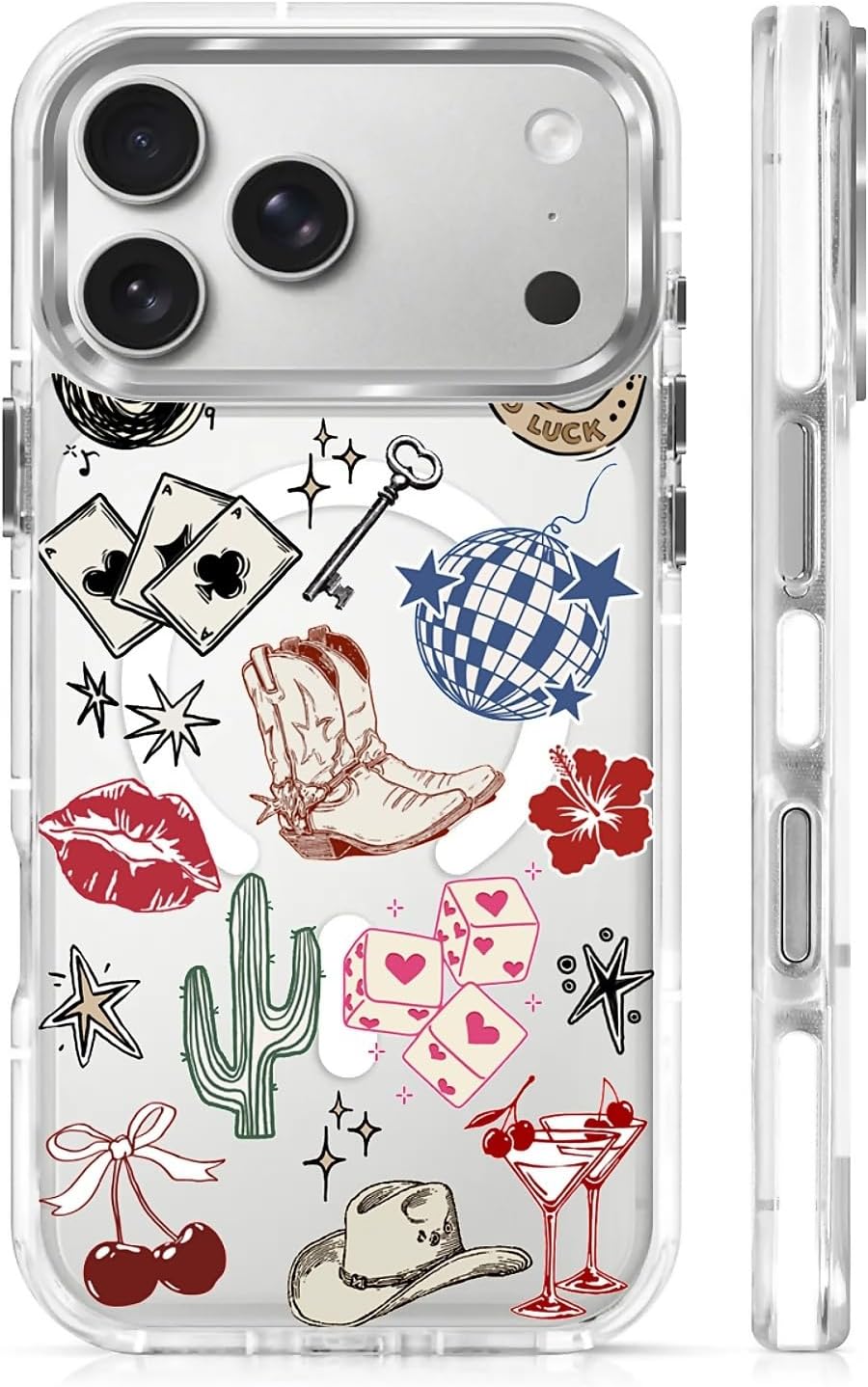 for iPhone 17 Pro Max Case [Compatible with Magsafe],Girls Women Clear Magnetic Case Silicone Shockproof Protective Cover with Pattern Western Cowboy Cherry Cactus Lips