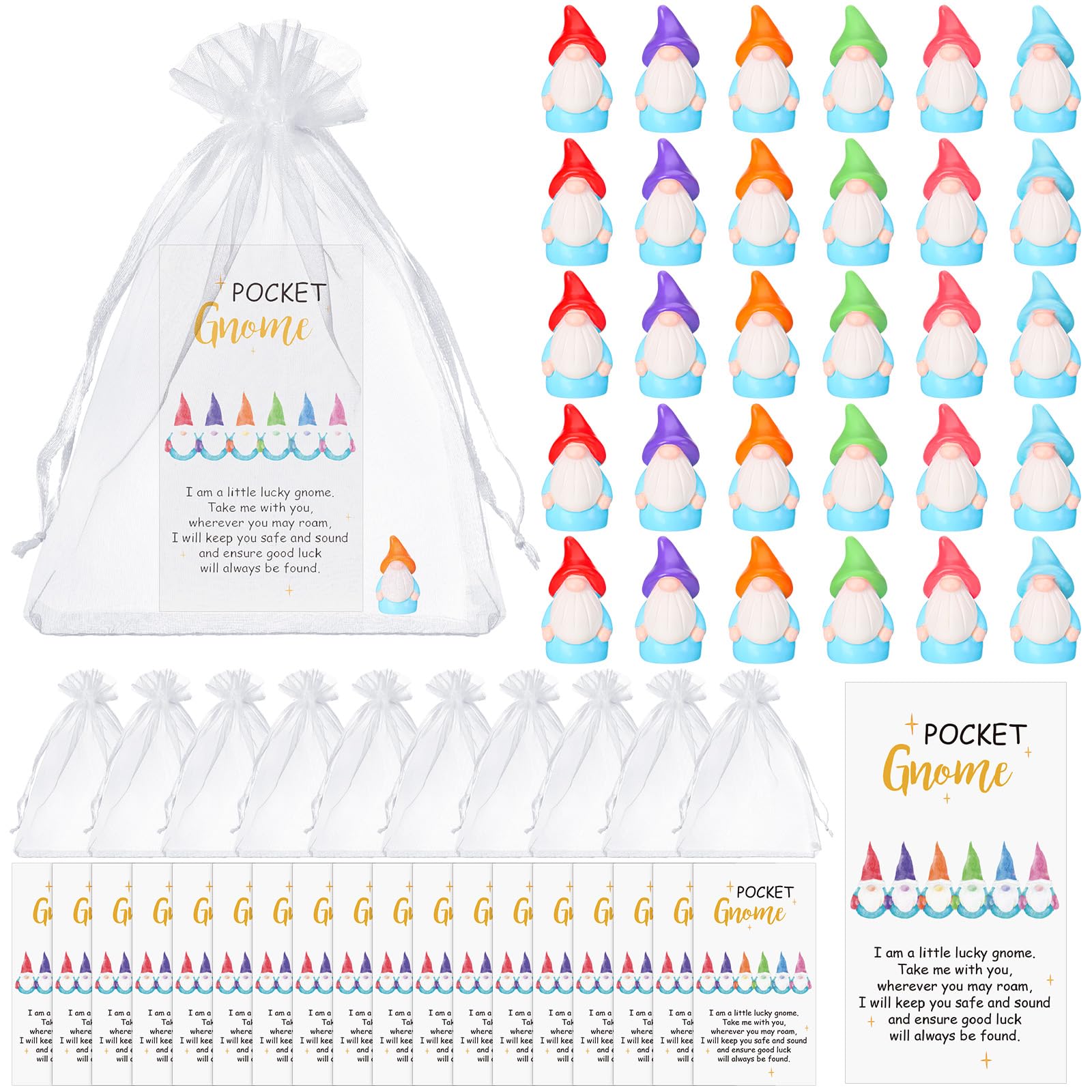 Silipull 30 sets Good Luck Gifts Bulk - Mini Resin Gnome Charms with Story Cards & Organza Bags - Teacher Appreciation Gifts Graduation Party Favors Pocket Tokens for Teacher Nurse Friends Coworkers