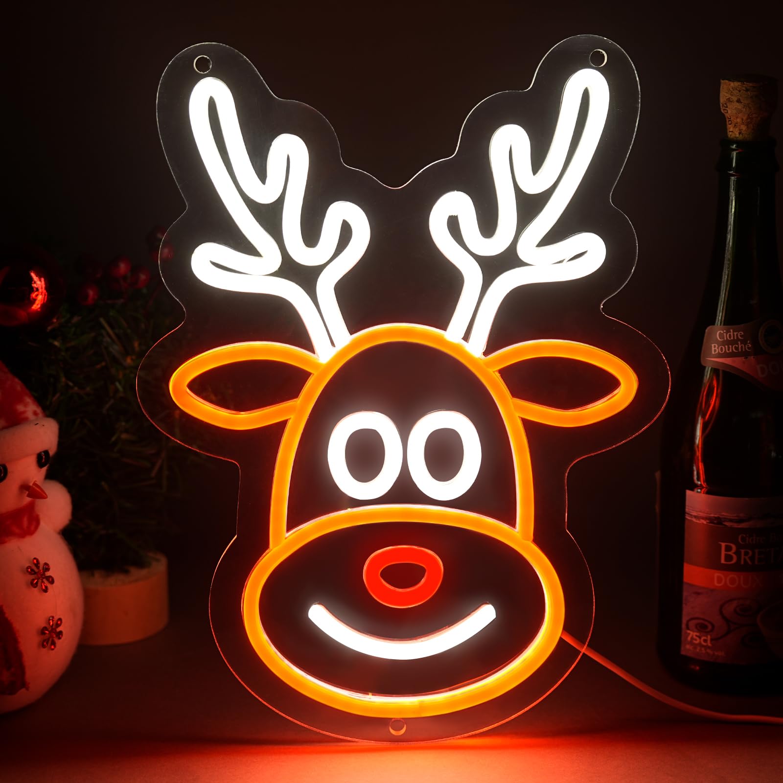 Christmas Elk Neon Sign, Dimmable Xmas Neon Sign Light for Yard, Outside,Wall Decor,5v USB Power and Battery Choice 13.78 * 10.24in