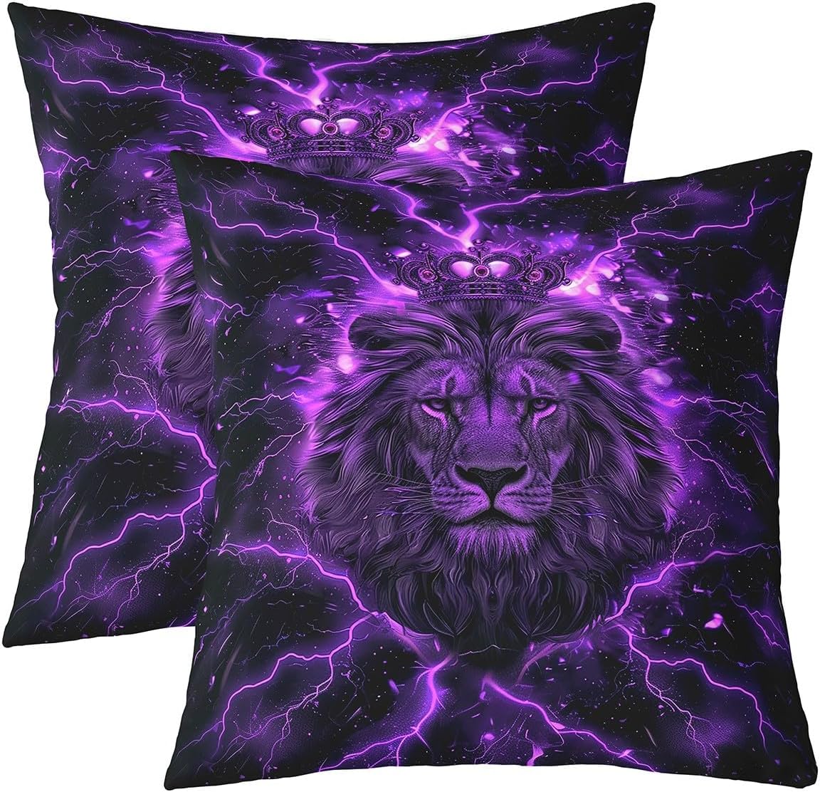 Manfei Lion Double Sides Print Pillow Covers,3D Lightning Gaming Print Purple Black Throw Pillow Case Covers,African Wild Animal King Crown Glitter Cushion Covers,2 Pack 24"x 24"