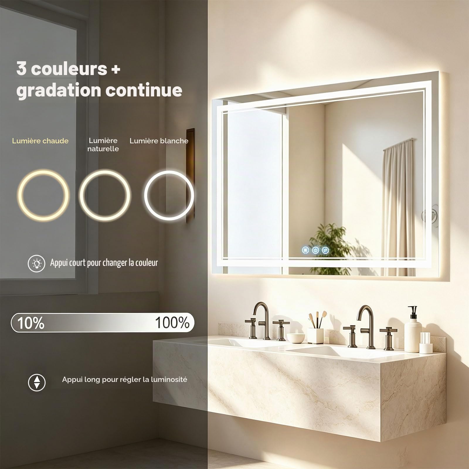 Miroir de Salle de Bain avec Éclairage 100x60 cm, Interrupteur Tactile, Fonction Anti-Buée, 3 Températures de Lumière Gradable, Double Anneau Lumineux