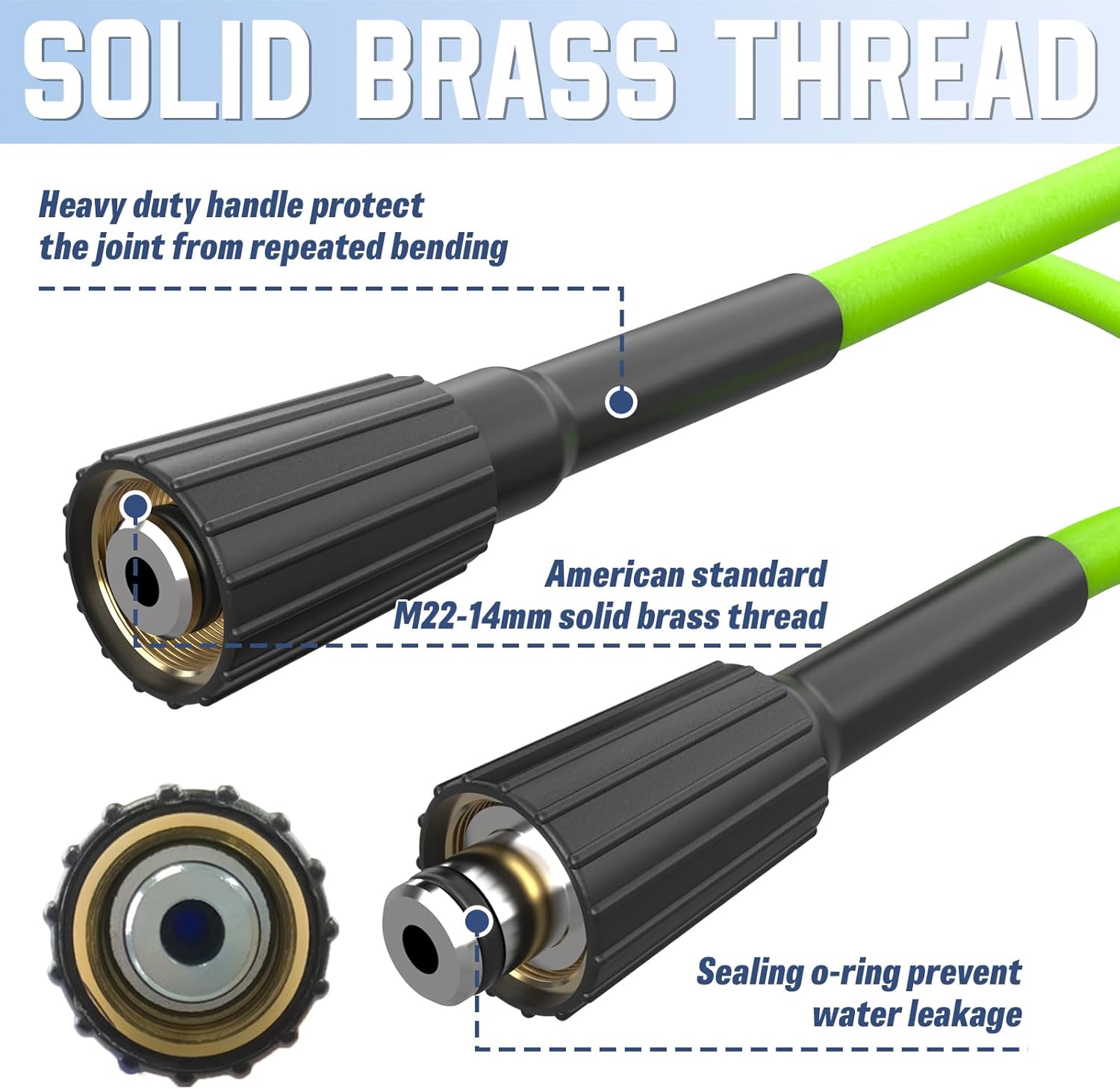 Kink Resistant Pressure Washer Hose 50 FT x 1/4", Super Flexible Power Washer Hose, High Pressure Water Hose Extension Replacement for Home Use with M22-14mm Brass Fittings, 3700 PSI, Green