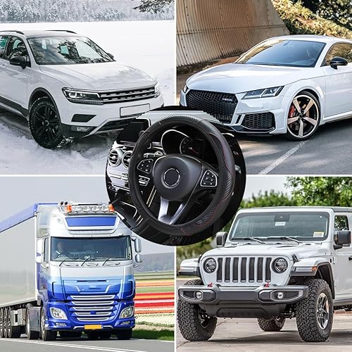 Miniatura 4 de Funda para volante de automóvil, microfibra de fibra de carbono de 15 pulgadas, protector de volante elástico de piel sintética para hombres y