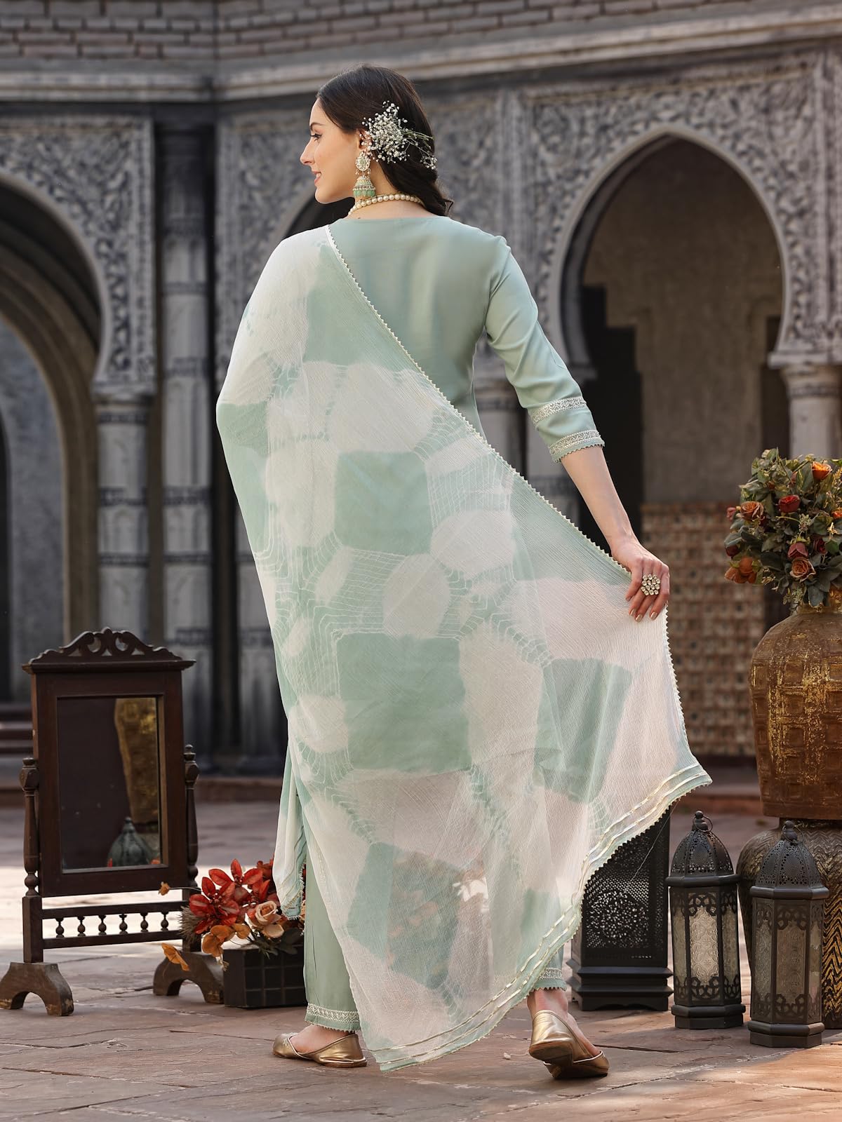 Stylum Women's Solid Rayon A-Line Kurta Pant Dupatta Set (Kpdgreenmegha38_Pista Green, M)