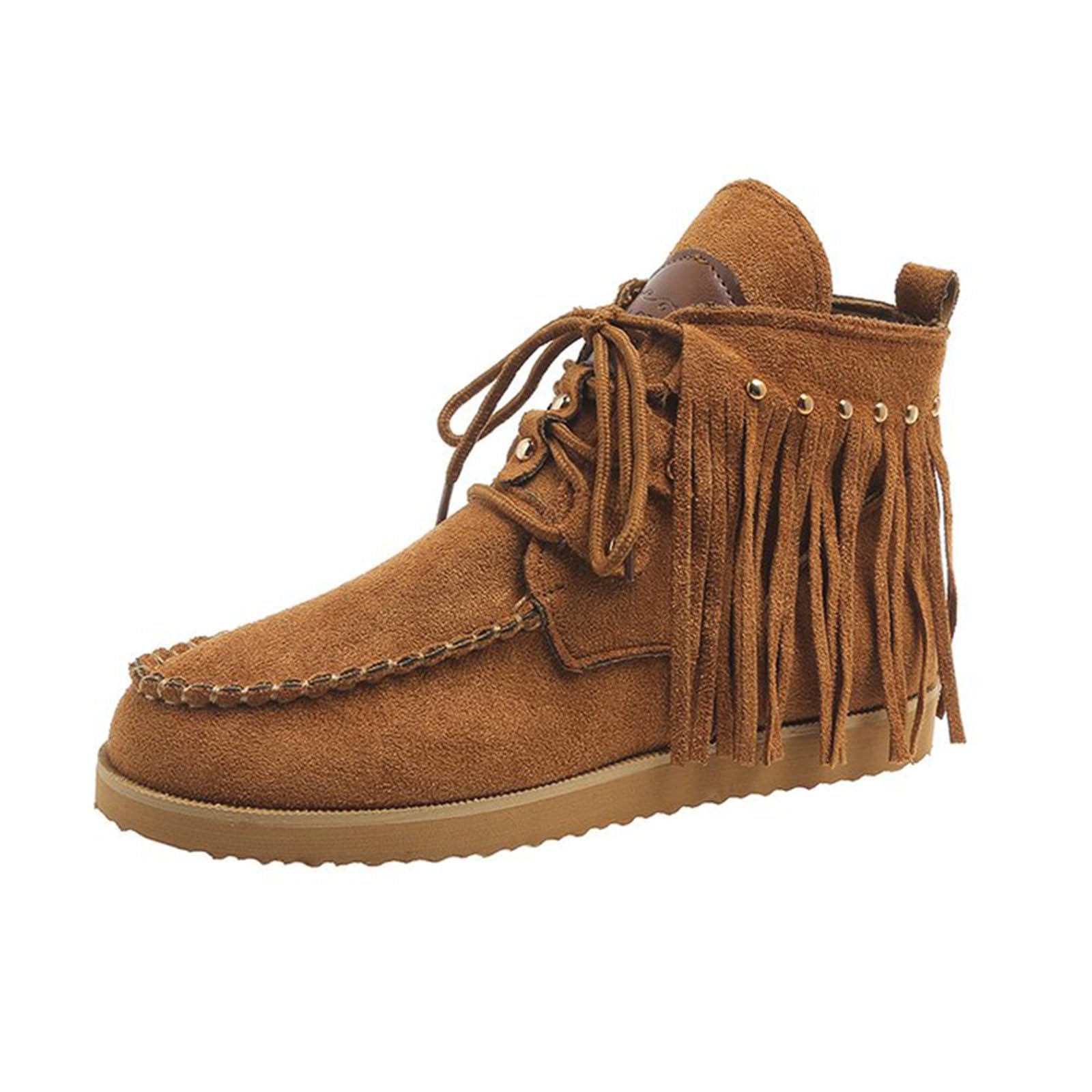 Womens Fringe Boots Flat Lace up Sneakers Moccasin Suede Leather Ankle Booties Fashion Dress Boots Square Toe Wide