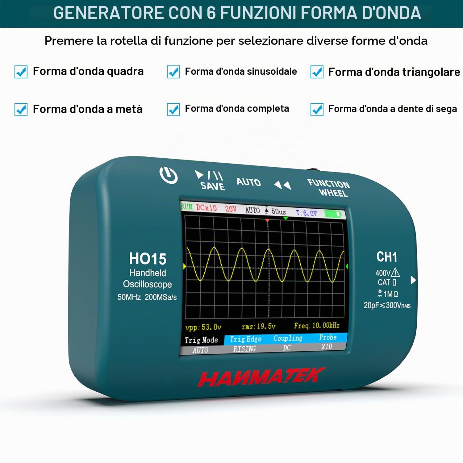 HANMATEK Oscilloscopio Digitale, Mini Oscilloscopio Portatile 50MHz 200MSa/s, 2 in 1 con Sorgente di Segnale, 2,8" TFT, Ricaricabile USB-C, HO15