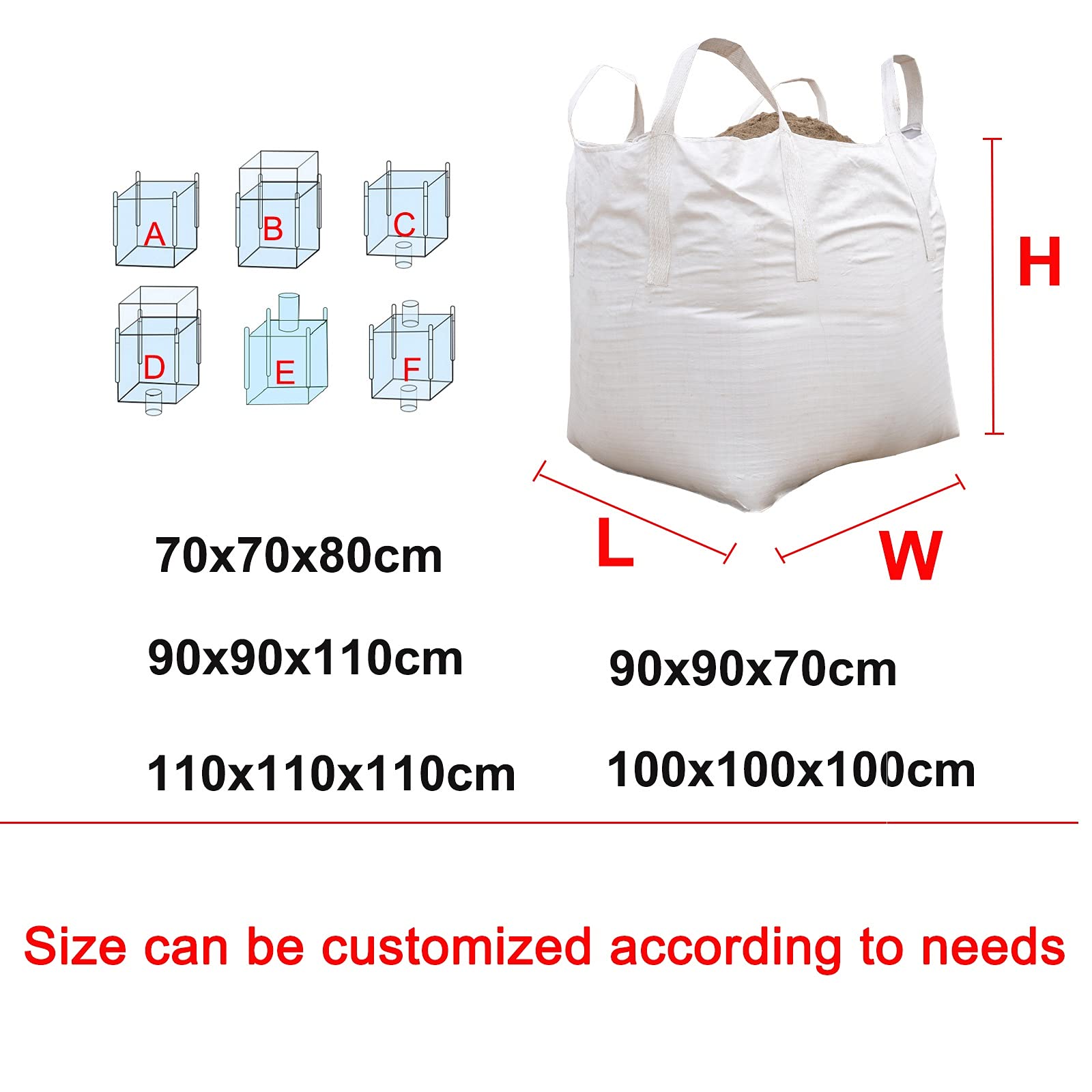 FIBC Big Bag Sacce Dimensioni: 100x100x100cm con 4 Anelli di Sollevamento Certificato 1000kg Borsa di Trasporto Jumbo Riciclare Conservazione Giardino Rifiuto, Personalizzabile, 2 Pezzi