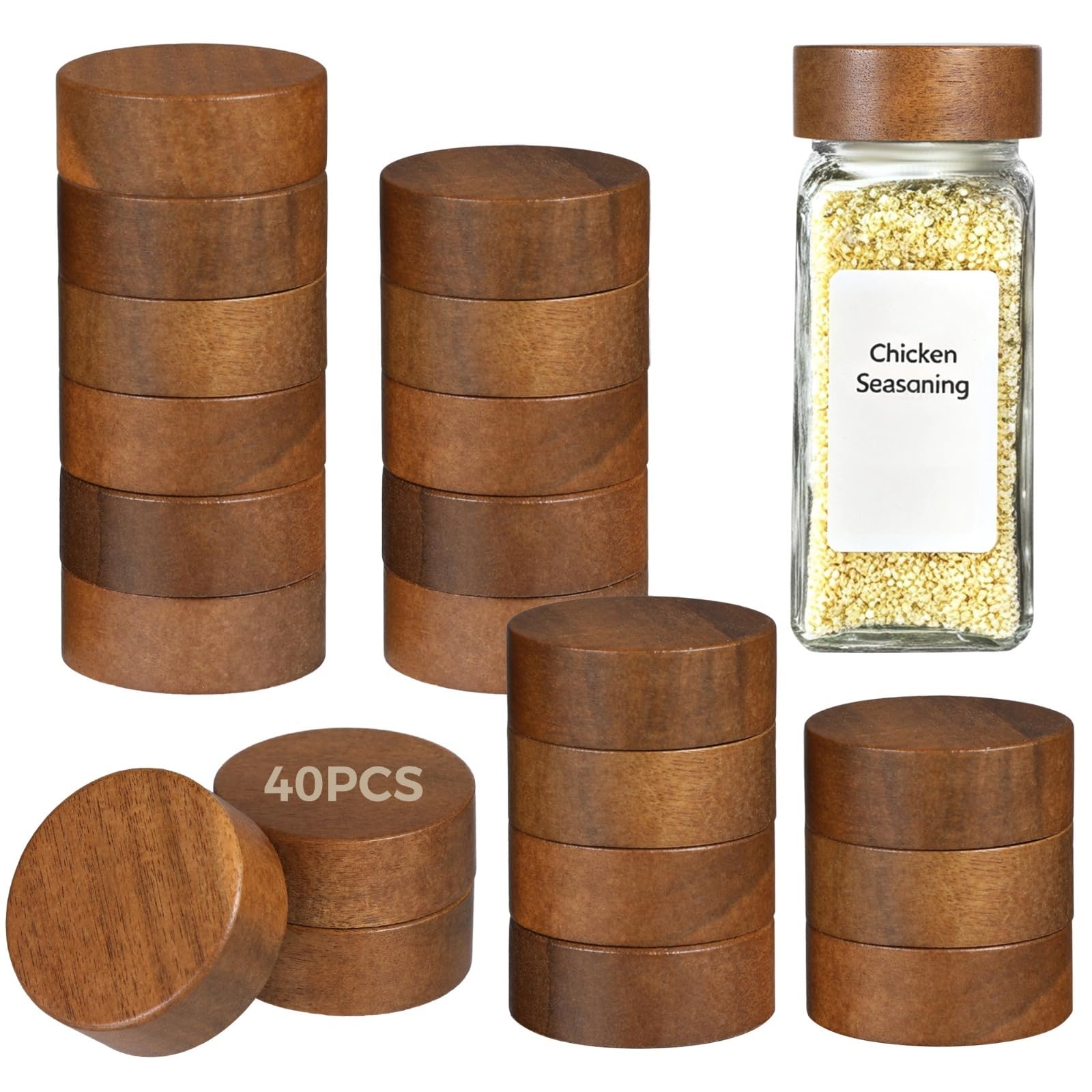 Generisch 40 coperchi in legno per barattoli di spezie, chiusura ermetica, per barattoli di spezie da 4 oz e 8 once, diametro interno 4,1 cm, coperchi in legno riutilizzabili per contenitori da cucina