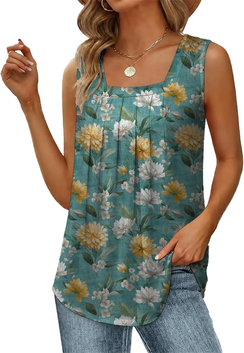 Summer Tank Tops for Women Loose Fit Pleated Square Neck Sleeveless Tops Curved Hem Flowy Casual Beach Vacation Shirts for Women 2026,Floral-1,M