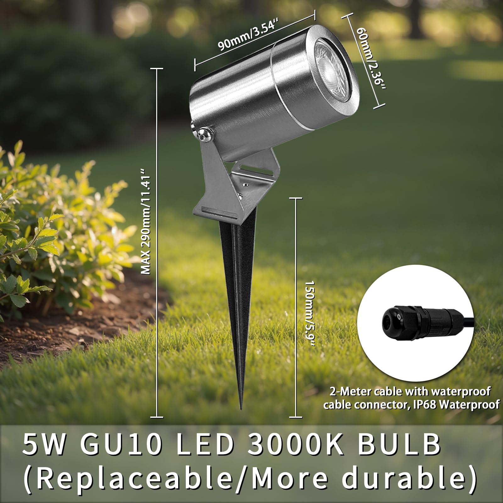 JNR Reflektor ogrodowy LED ze stali nierdzewnej, 2 sztuki, z ostrzem do wbijania w ziemię, wodoszczelność IP65, w zestawie żarówka 5 W, GU10, 3000 K, ciepła biel, kabel 2 m, bez wtyczki, oświetlenie