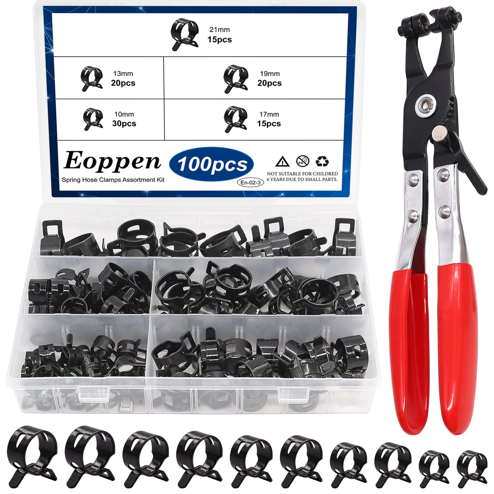 Eoppen 100Pcs 10-21mm Spring Hose Clamps Assortment Kit with Swivel Flat Band Fuel Hose Clamp Plier - 5 Sizes Fuel Line Silicone Vacuum Hose Low