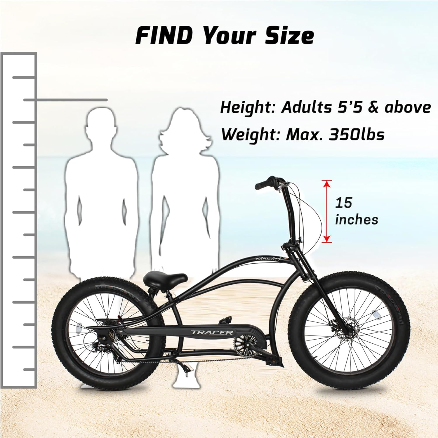 Tracer Siena Beach Cruiser Bike for Adults 26/29 Inch Chopper Stretch Bike with Wheels Fat Tire Hi Ten Steel Frame 1/3/7 Speed Complete Cruiser Bike Multiple Colors