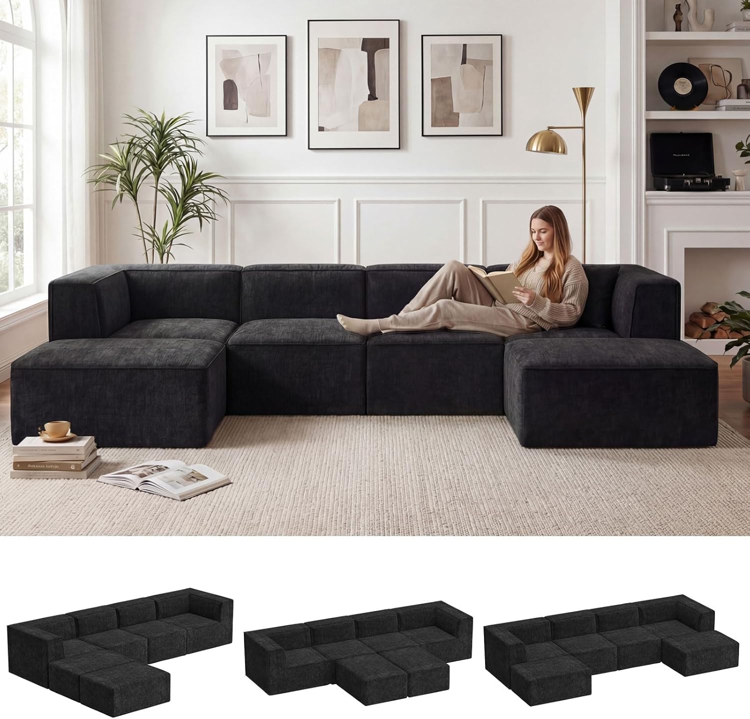 136" 6-Piece Sectional Sofa Modular Couches,L-U-Shaped with Chaise,for Living Room,Compressed Foam No Assembly,for Living Room (2xArmless Corner Ottoman) Fabric Chenille Dark Grey