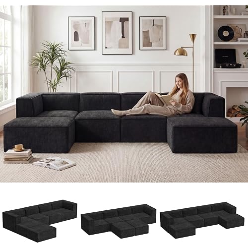 136" 6-Piece Sectional Sofa Modular Couches,L-U-Shaped with Chaise,for Living Room,Compressed Foam No Assembly,for Living Room (2xArmless Corner Ottoman) Fabric Chenille Dark Grey