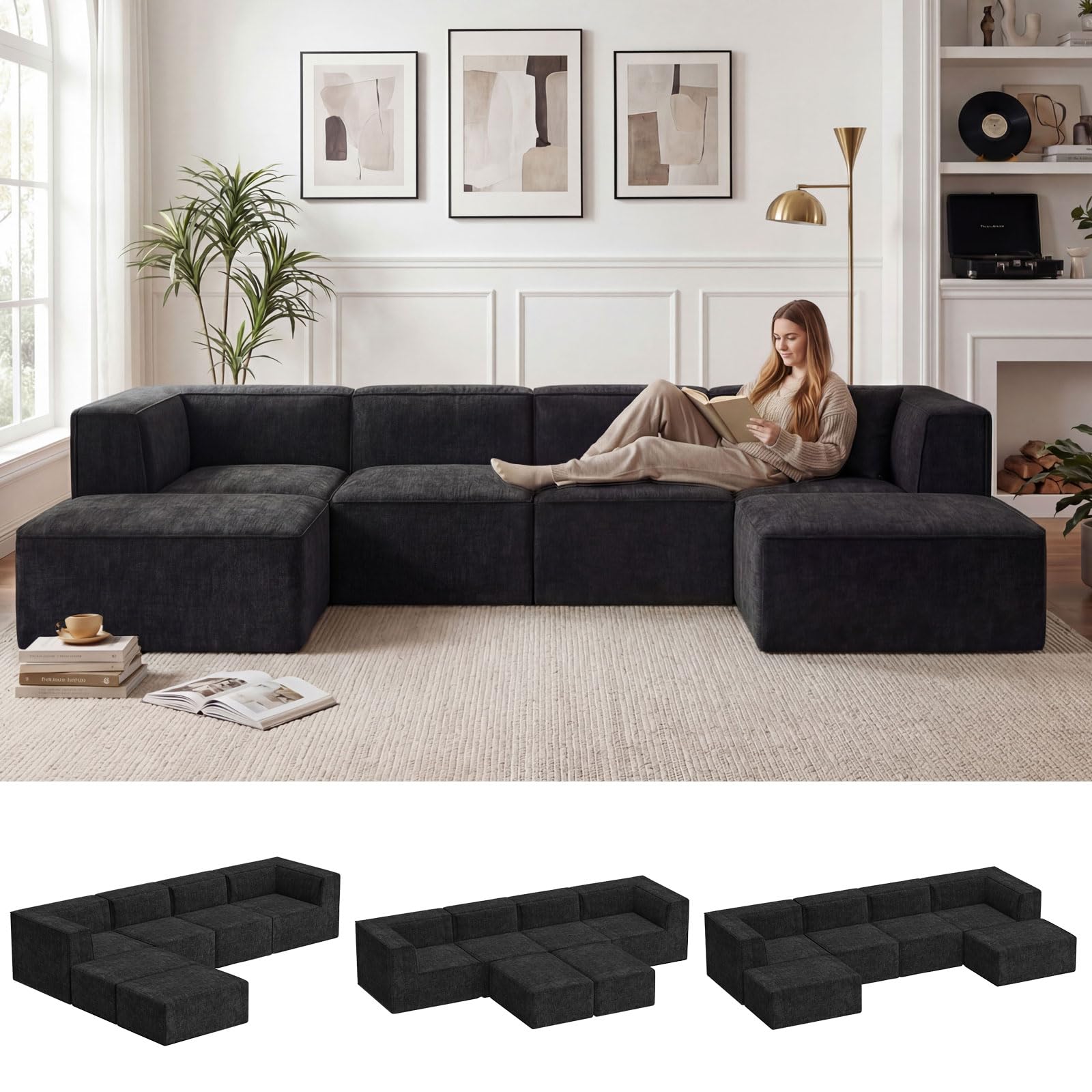 136" sectional sofa modular for living room,compressed foam no assembly,for living room (2xarmless corner ottoman only) fabric chenille dark grey
