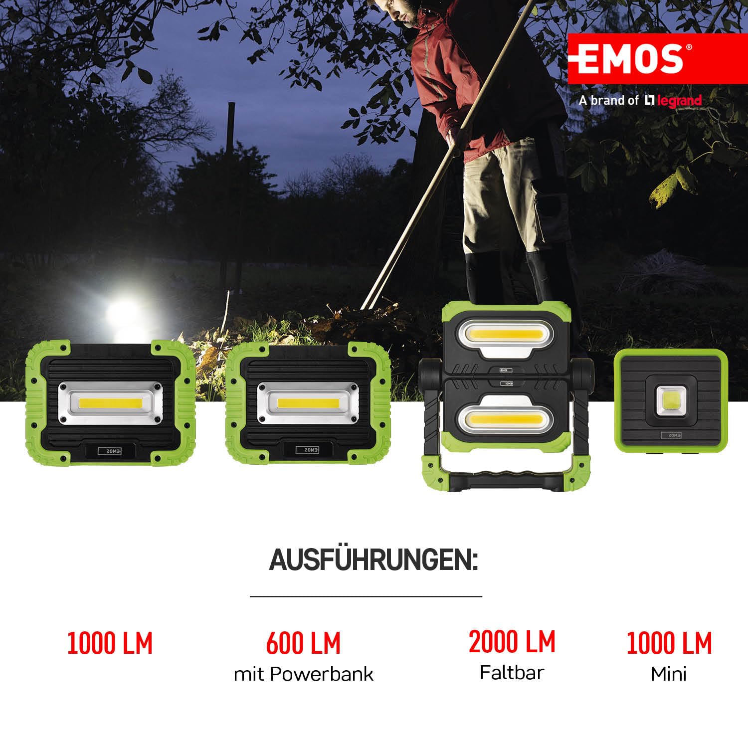 EMOS - Lampe de travail LED rechargeable - Résistante aux chocs et étanche - max. 1000 lm, max. 45 m - 3 modes d'éclairage - 15,5 heures - câble micro USB - IP44 pour l'extérieur - noir/vert