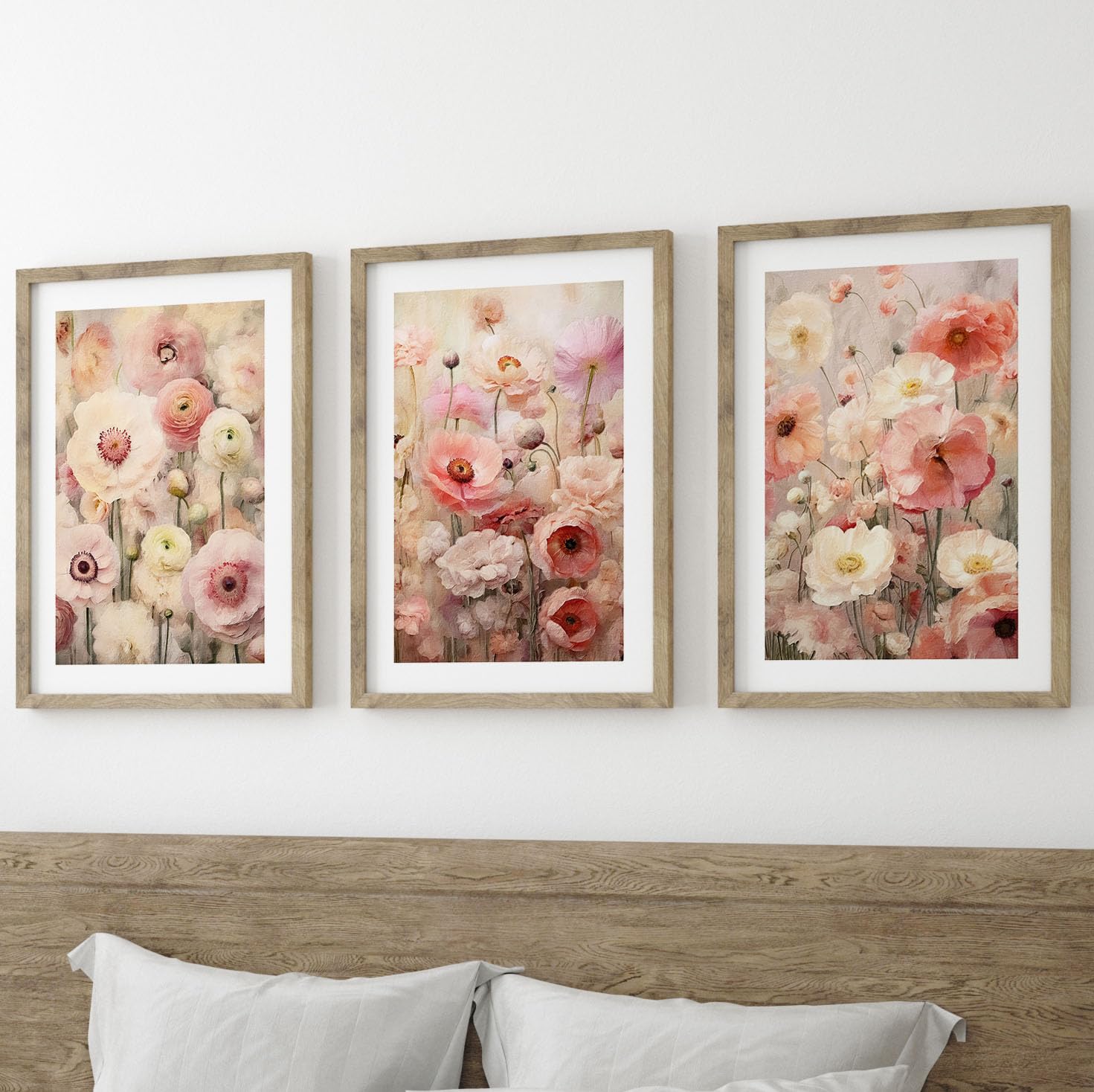 Texture Style Beautiful Pink Ranunculus Flowers Wall Art Set of 3 Unframed Poster Prints, Botanical Plant Decor
