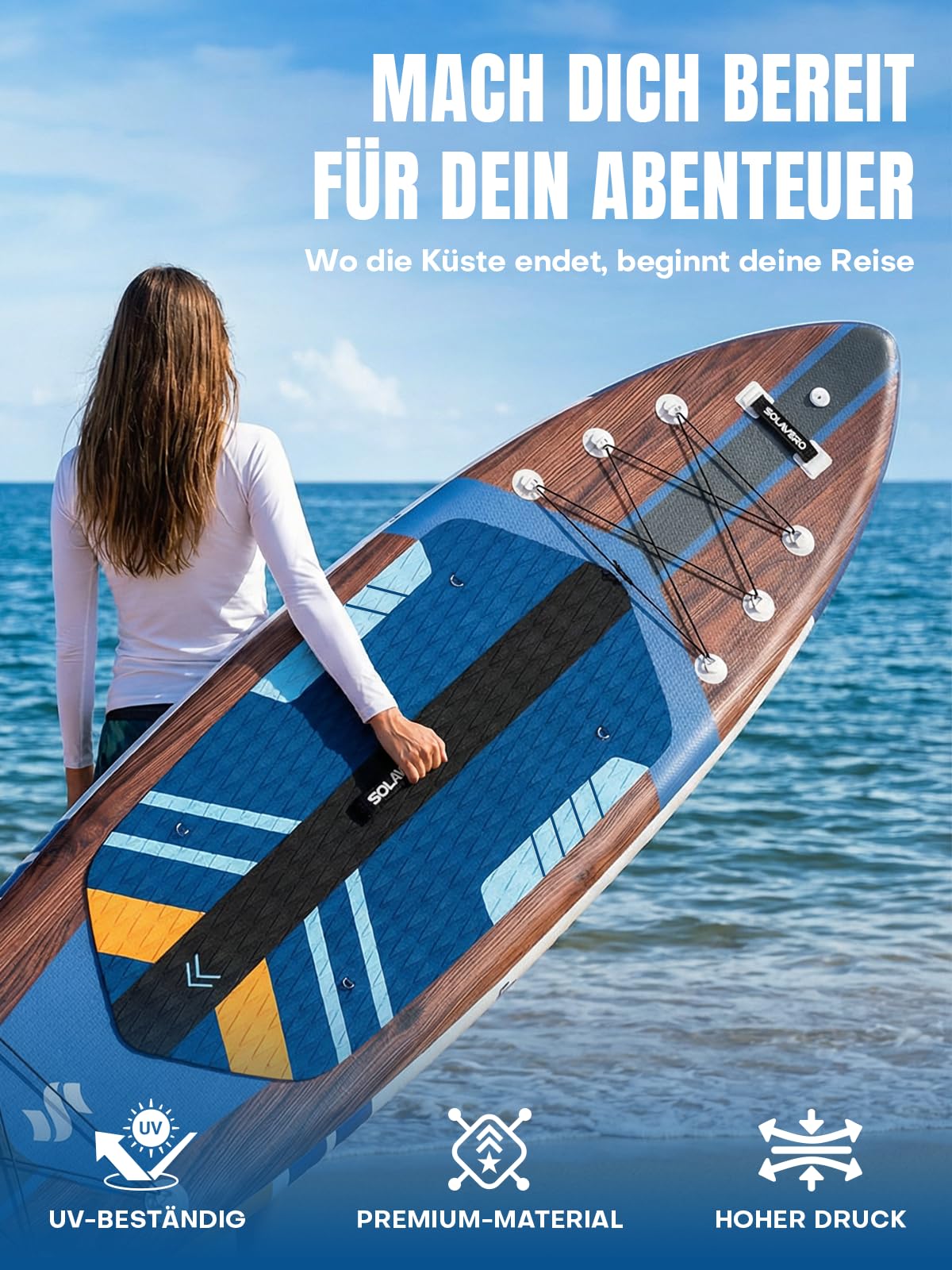 SOLAVERO Stand Up Paddling Board mit Sitz & Allem Zubehör, 350×89×15 cm | Verstellbares Doppelpaddel, Drop-Stitch PVC, Action-Cam-Halterung, für Anfänger, Familien & Touren, Extra Groß, bis 210kg