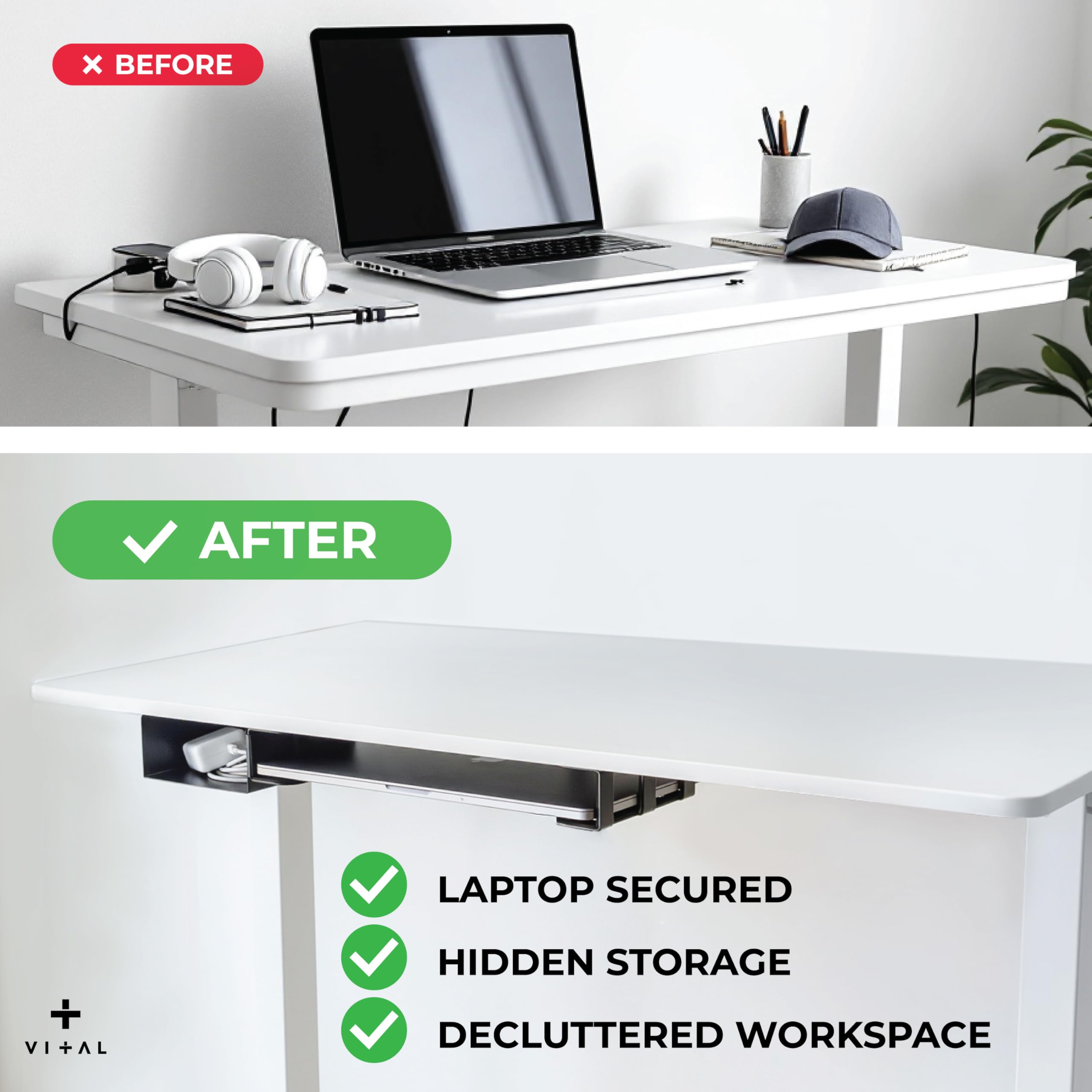 VI+AL Supporto da scrivania per computer portatile, ripiano nascosto in metallo con spazio laterale, si installa con nastro e viti, adatto a dispositivi fino a 4,3 cm di spessore, standard (senza