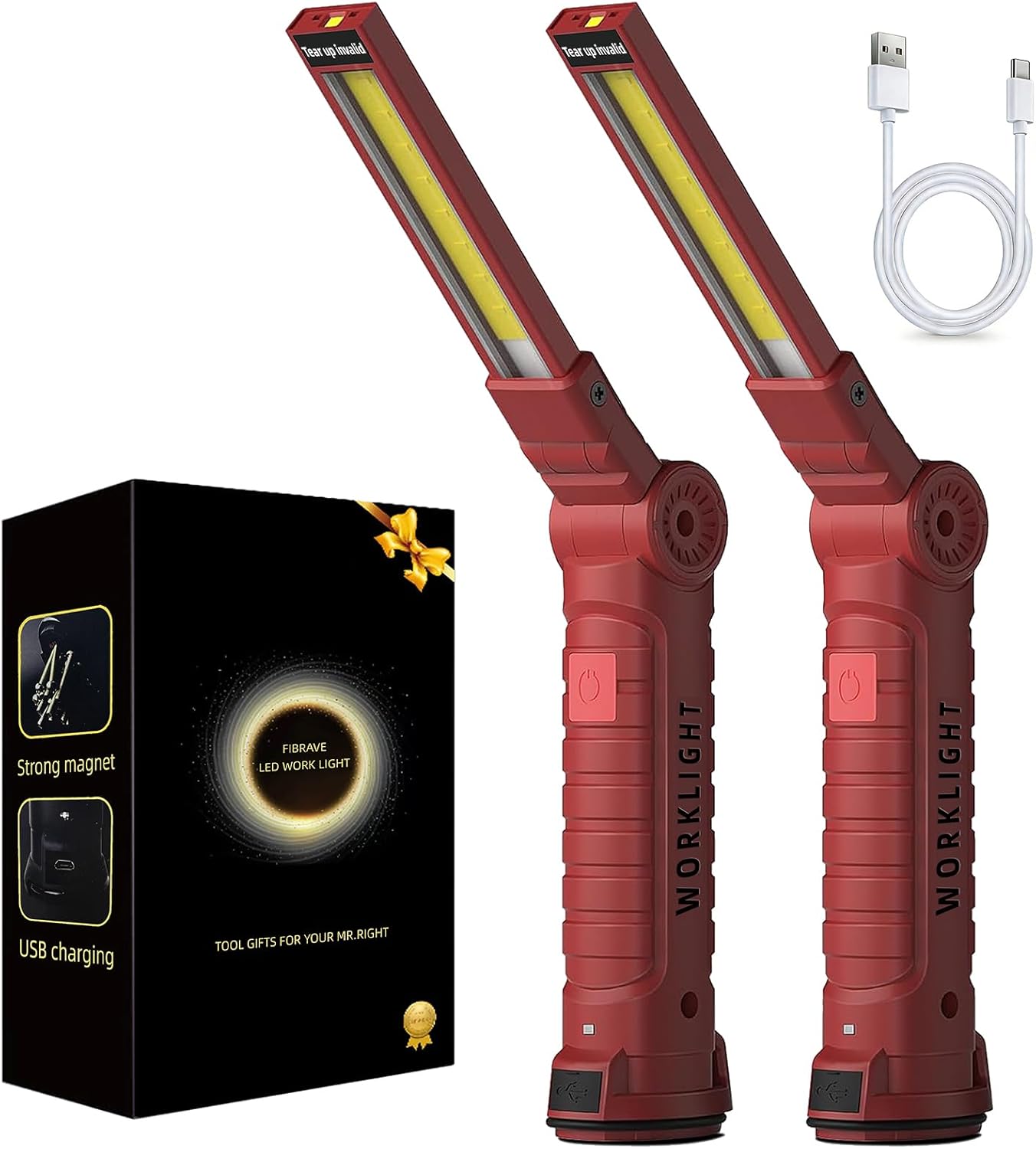 Rechargeable Work Light for Mechanics, Tool Fathers Day Dad Gifts for Men Him Husband Birthday Torch Grill Light Inspection Lamp with Magnetic Base Hook, 5 Modes 360° Rotate Car Repair 2 Pack