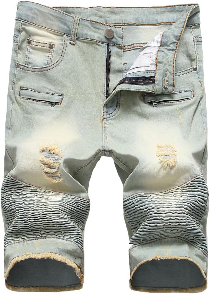 Lavnis Men's Casual Denim Shorts Classic Fit Ripped Jeans Biker Shorts