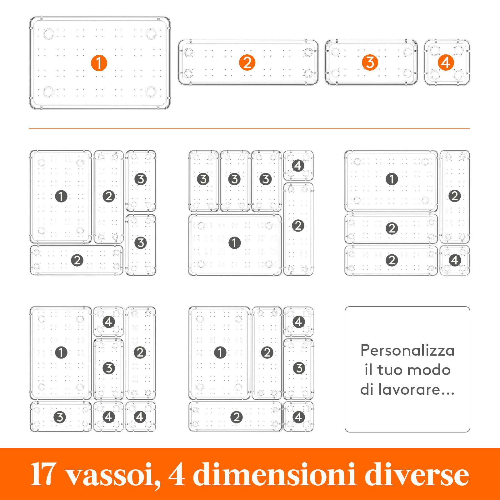 Lifewit 17 organizer per cassetti con 4 misure, per trucchi, in plastica, trasparente, per il trucco, per il bagno, per la cucina, gioielli, camera da letto, ufficio