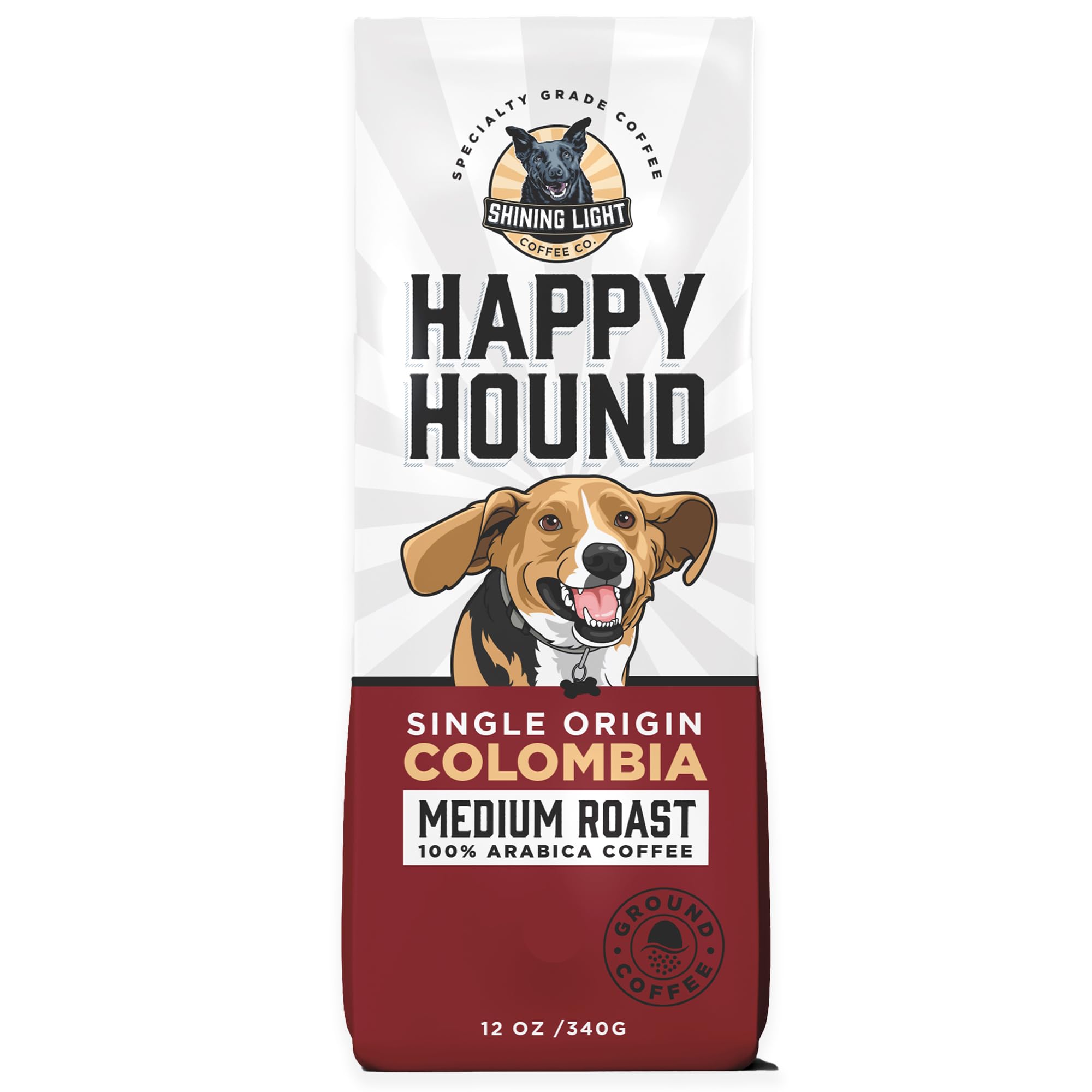 Shining Light Coffee Co.Ground Coffee Medium Roast - Happy Hound - Single Origin Colombia - 100% Arabica - 12 Ounces