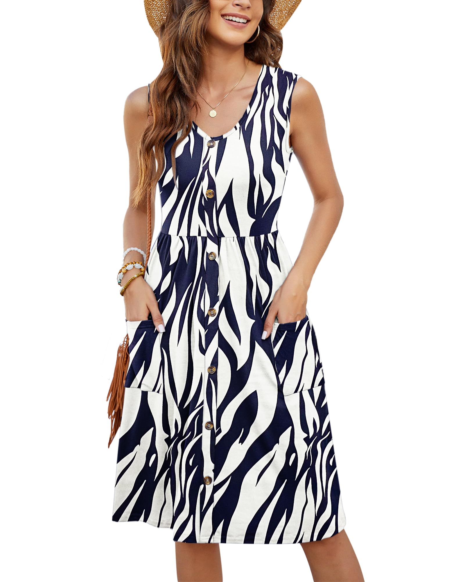 MOLERANI Summer Dresses for Women UK Ladies Casual V Neck Beach Dress Swing Button Midi Sundress Dress with Pockets Leaf Navy White XL