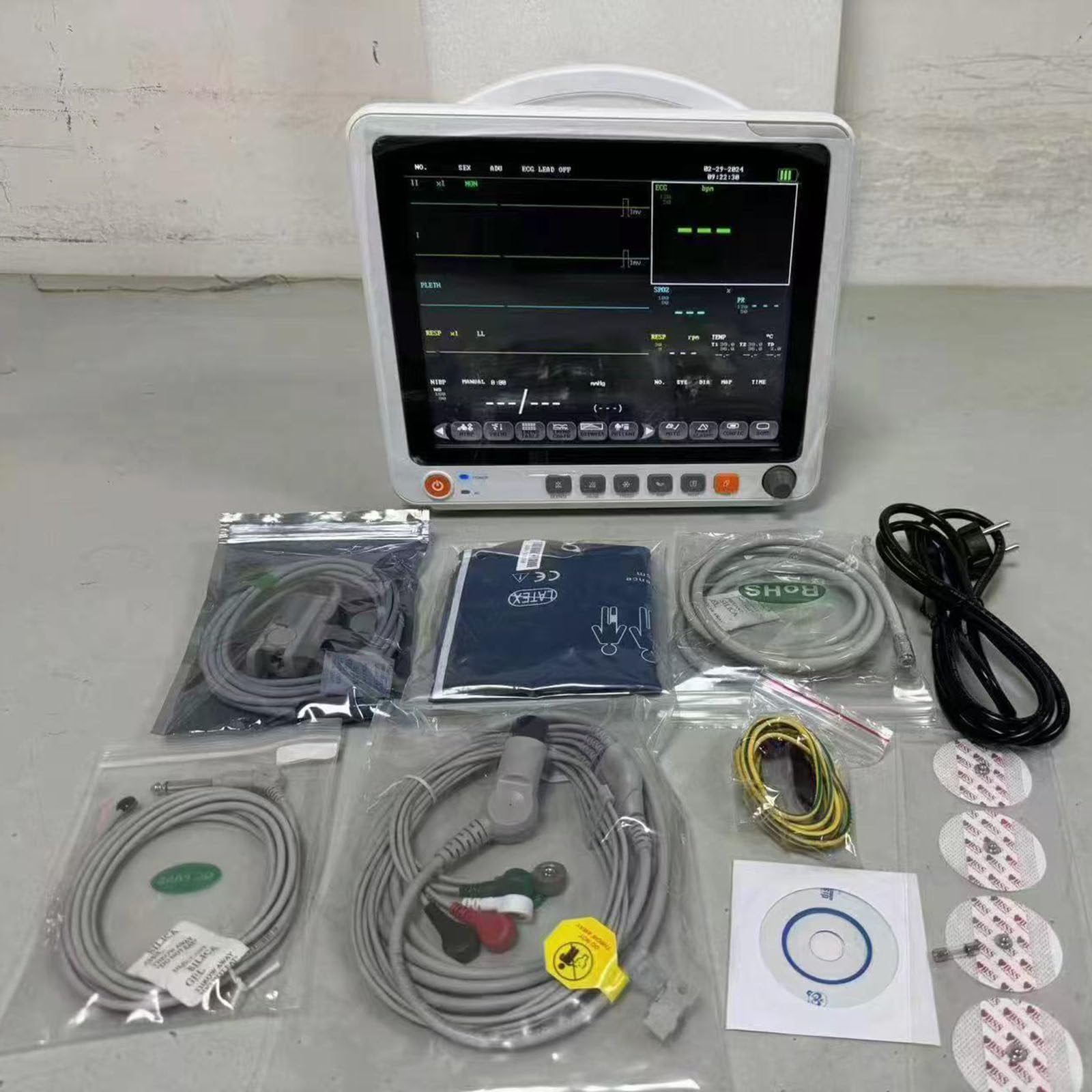 Electrocardiógrafo Portátil,Monitor De Pacientes Multiparamétrico Con Pantalla Táctil De 12,1 Pulgadas | Ecg/Fc/Pani/ Spo2/ Resp/Temp | 3 Modos | Batería Interna De 3 Horas