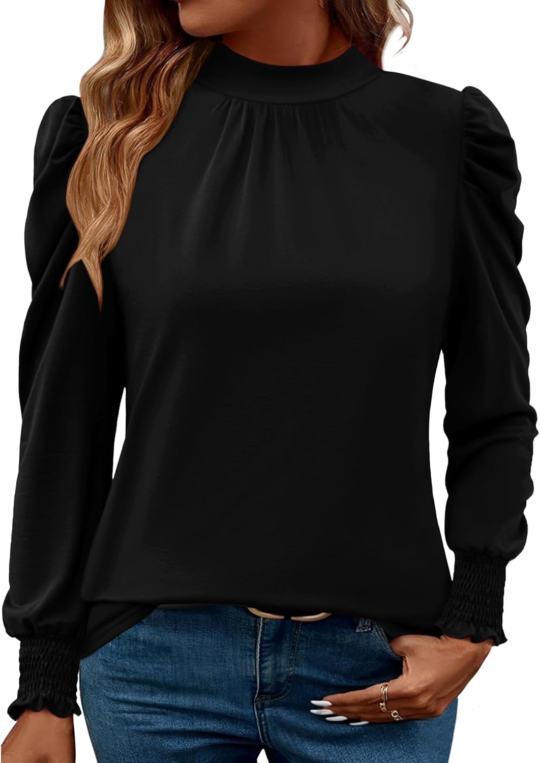 LUYAA Puff Long Sleeve Shirts for Women Tops Dressy Casual Frill Mock Neck Smocked Cuffs Blouses