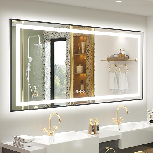 Miniatura 87 de OKPAL 50x30 Espejo de baño LED con marco negro, espejo iluminado para tocador de baño, iluminación frontal y trasera, regulable, antivaho, 3 Negro